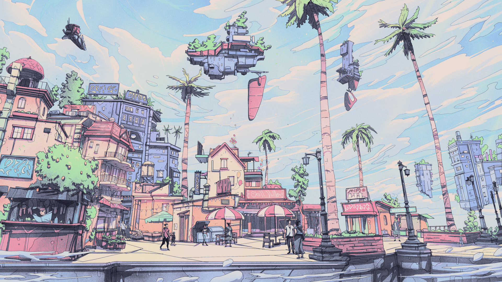4K Ultra HD PC desktop wallpaper: digital art digital painting illustration — pastel landscape artwork of a seaside town with palm trees and floating islands.