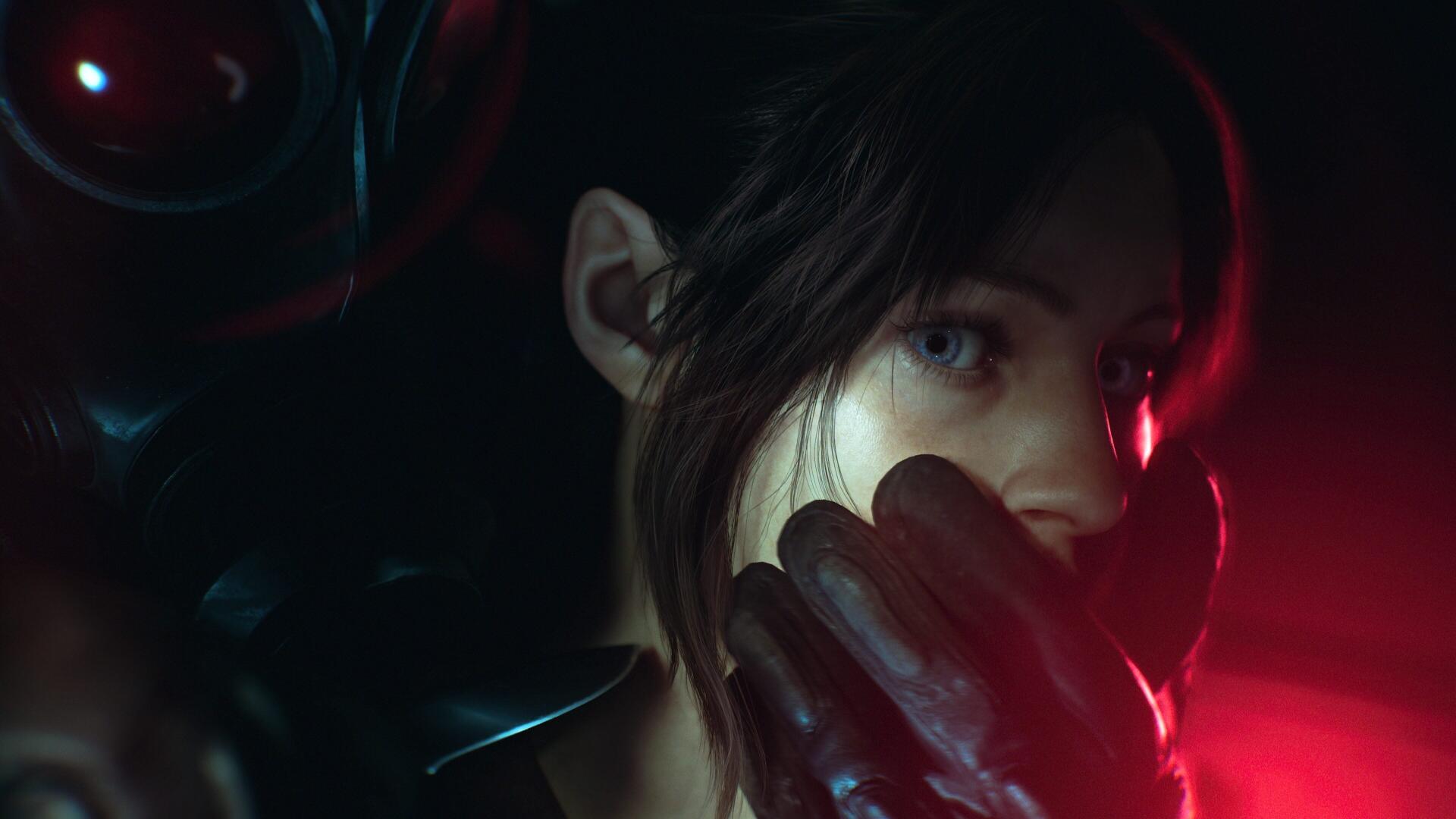Close-up of Veronica from the Resident Evil video game, lit by red and cool light, hand near mouth, moody 4K Ultra HD PC desktop wallpaper with cinematic survival-horror atmosphere.