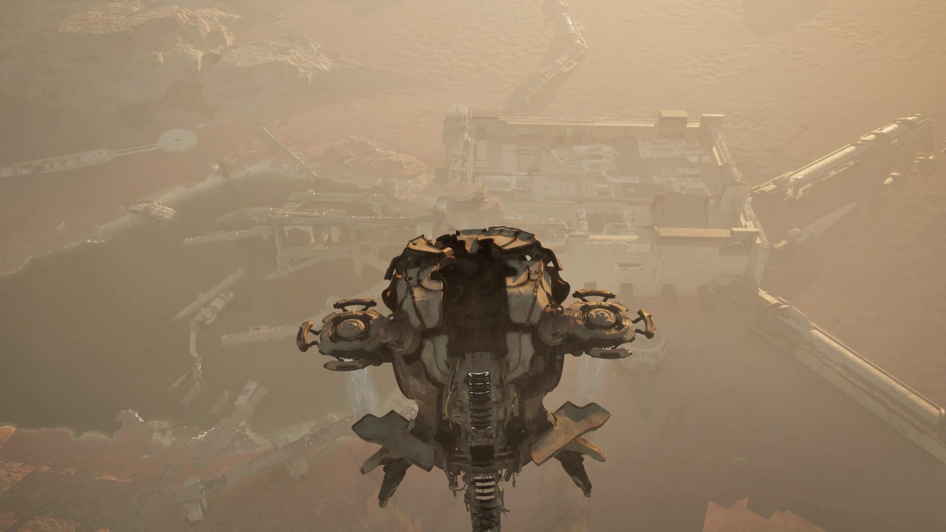 4K Ultra HD PC desktop wallpaper from the video game gen ATLAS: massive sci-fi vessel hovering above a fog-shrouded, ruined cityscape.