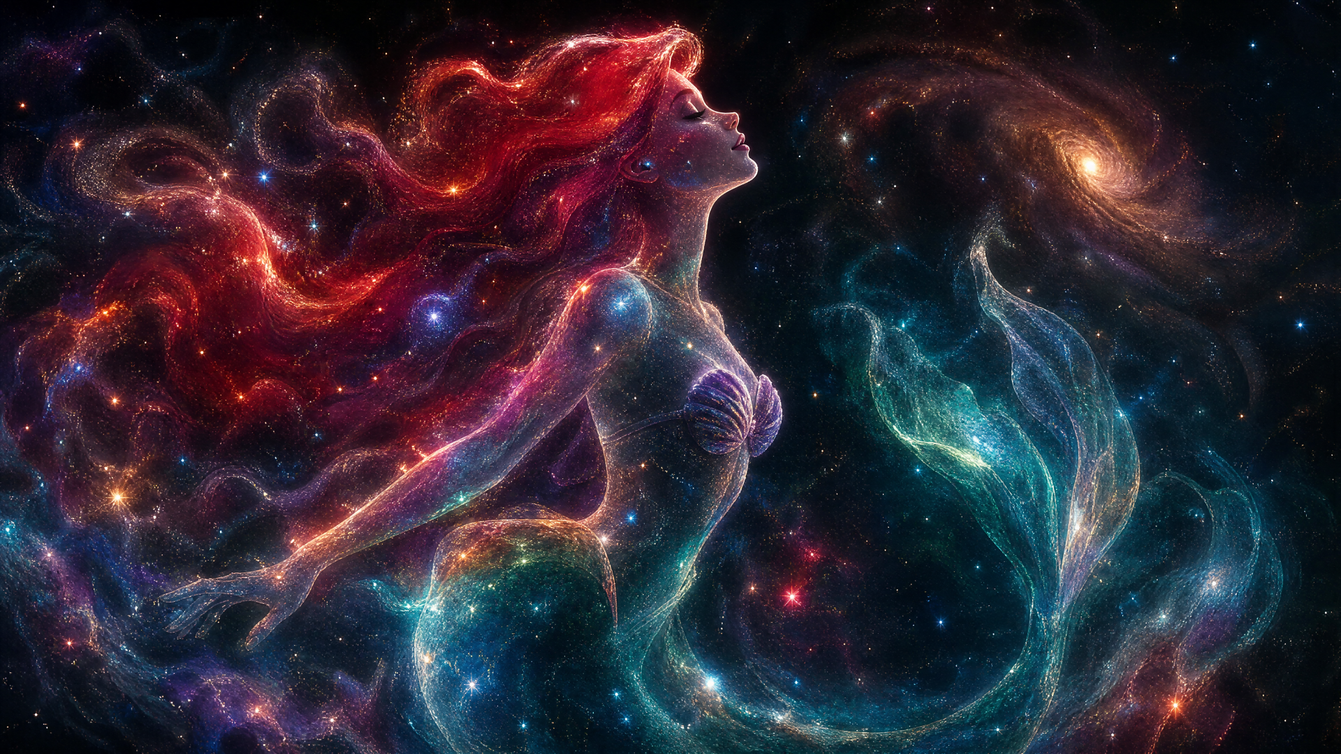 Cosmic Ariel (The Little Mermaid) with flowing red hair and a shimmering star-filled tail against a nebula backdrop — 4K Ultra HD PC desktop wallpaper and background.