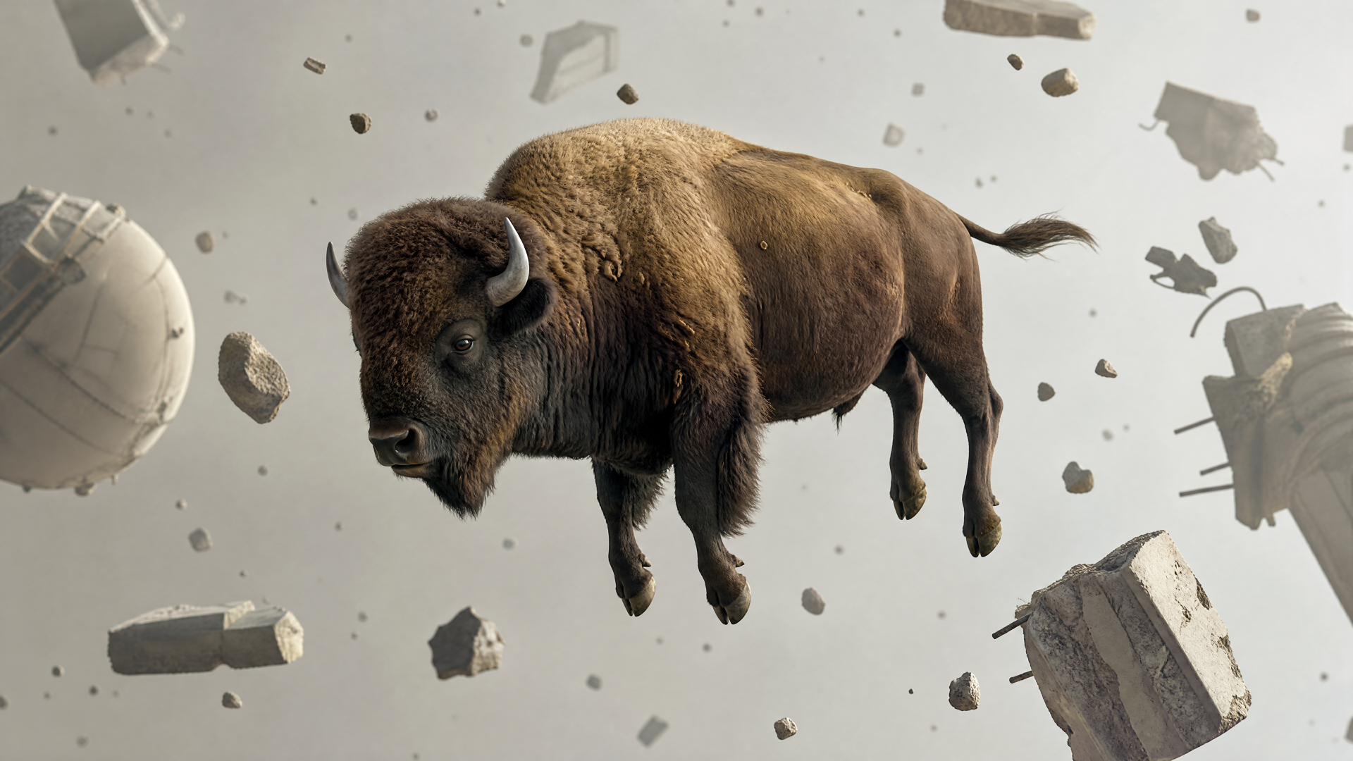 4K Ultra HD PC desktop wallpaper/background: a solitary buffalo floating amid drifting debris and shattered concrete pieces against a muted gray sky.