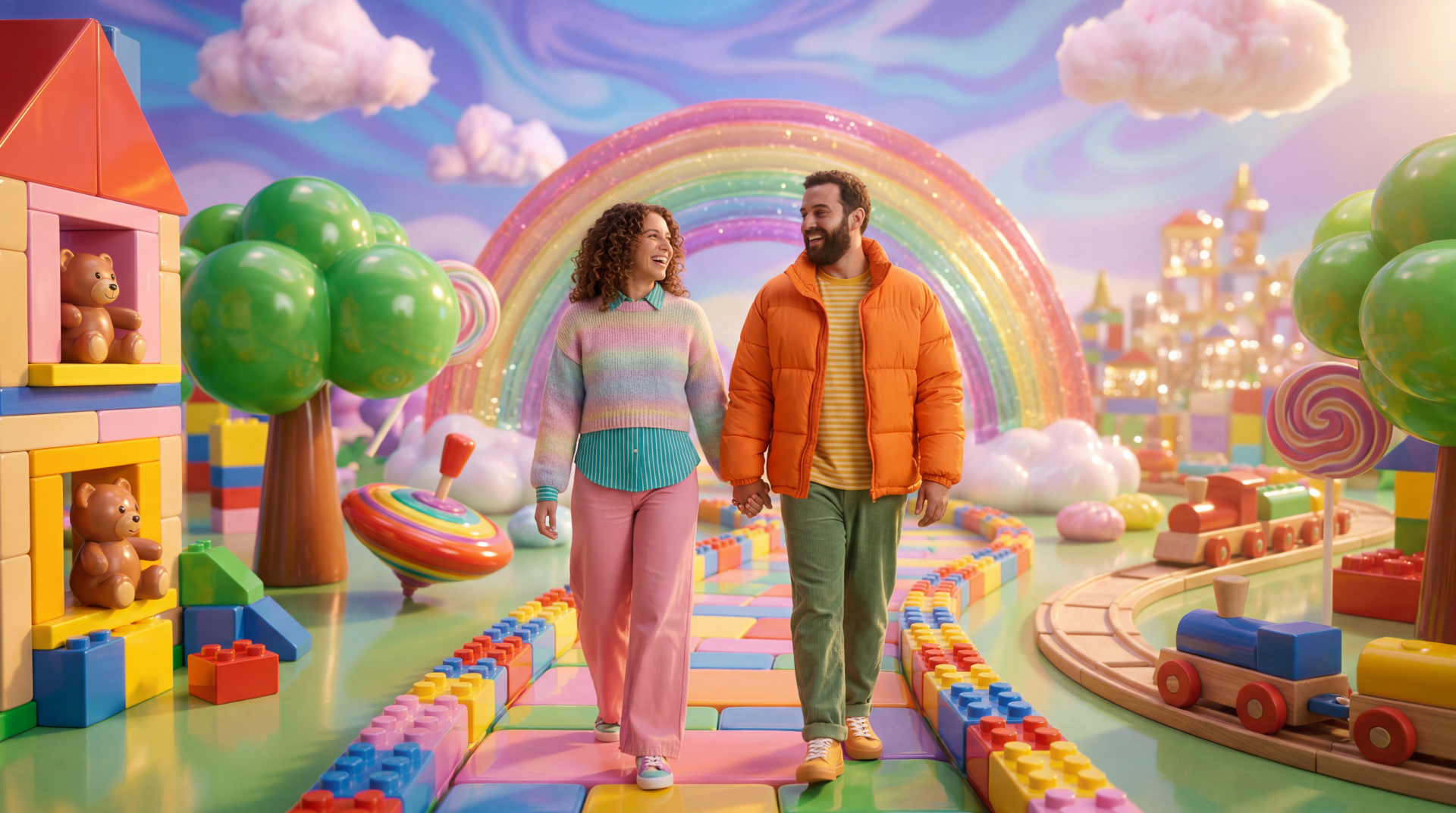 5K Ultra HD PC desktop wallpaper and background: a parent couple holding hands, strolling through a colorful candyland with a rainbow arch, clouds and oversized toys.