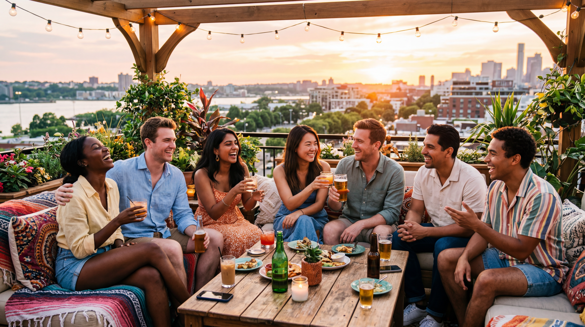 5K Ultra HD PC desktop wallpaper: friends gathered on a rooftop at sunset, laughing and sharing drinks—warm, relaxed good vibes overlooking the city.