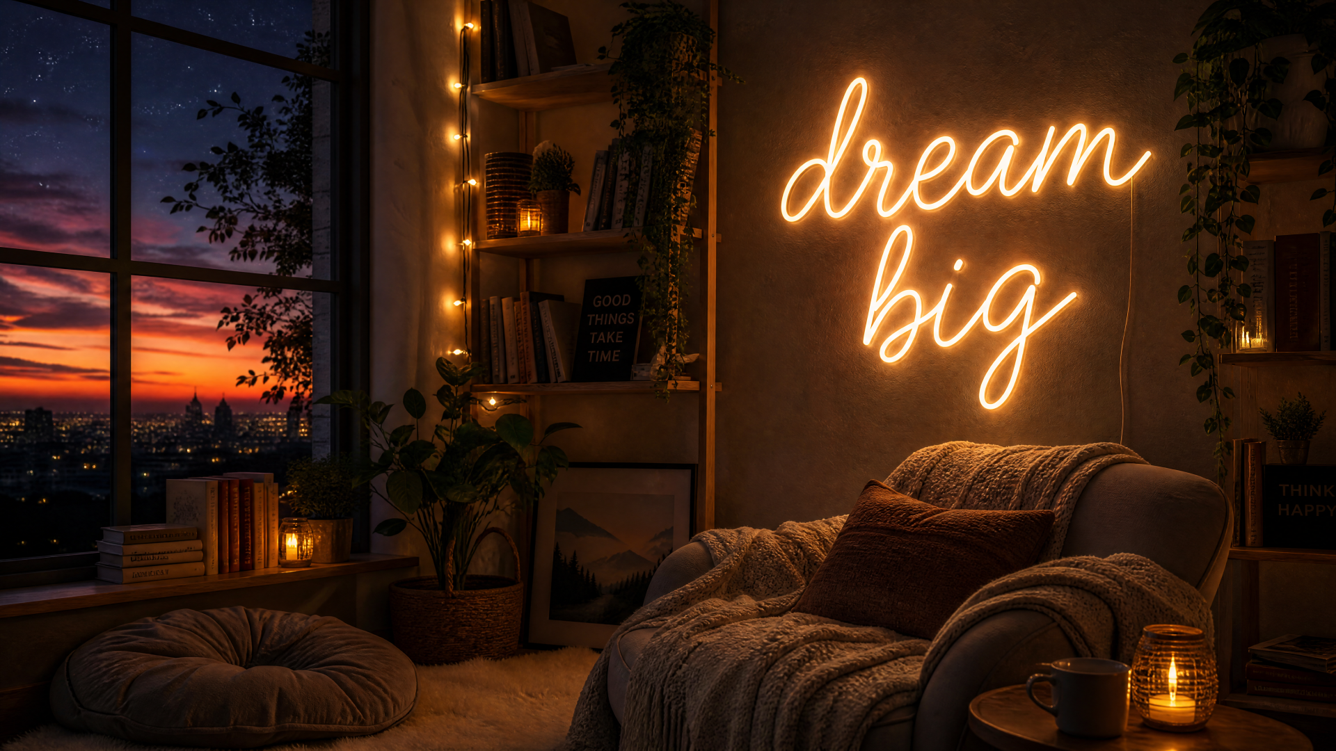 4K Ultra HD PC desktop wallpaper of a cozy sunset-lit room with neon dream big sign, fairy lights, plants, cushioned chair and candle, framed bookshelf and city view through the window.