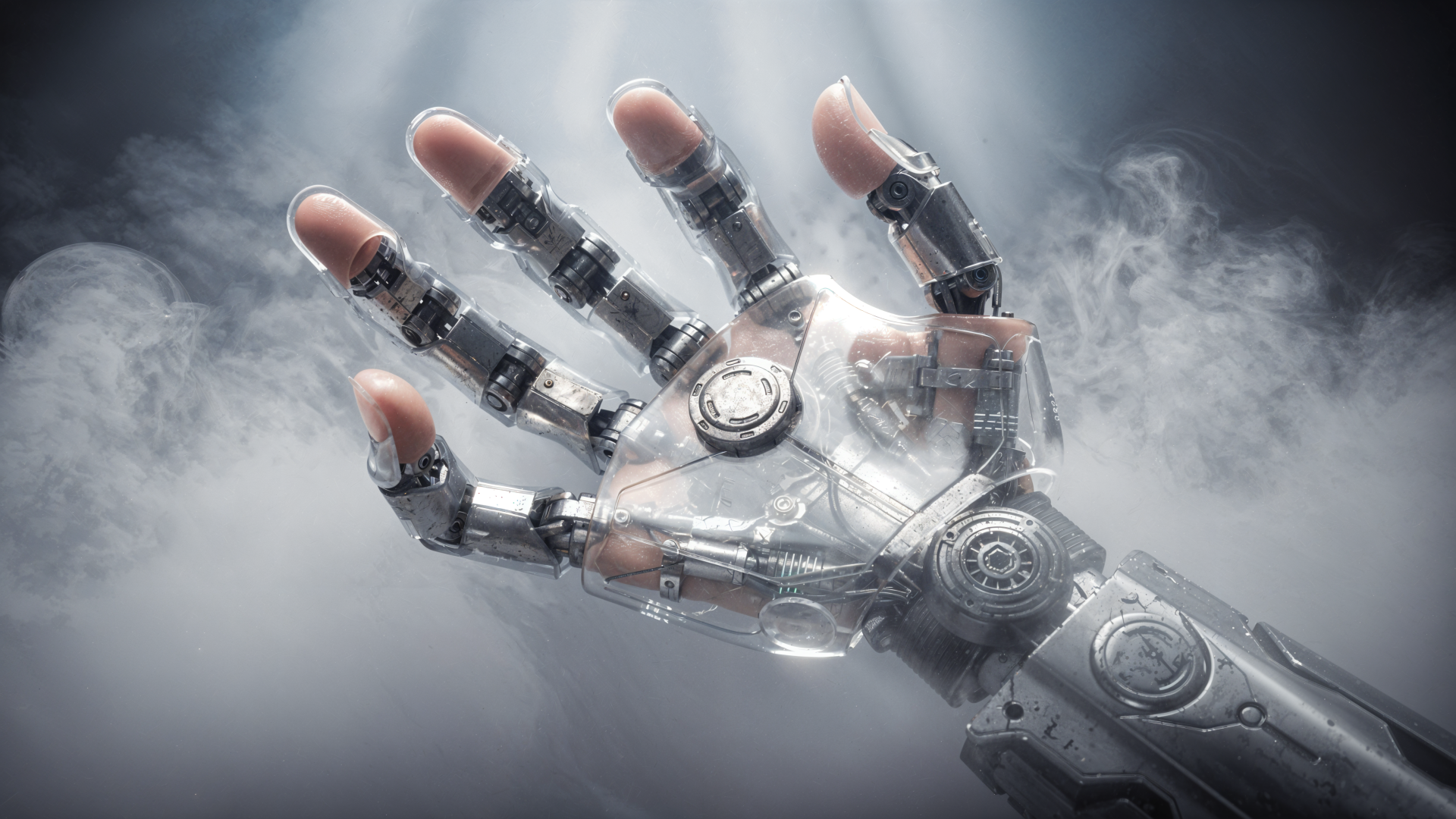Close-up of a metallic robotic hand with exposed mechanics amid drifting fog, 4K Ultra HD PC desktop wallpaper and background.