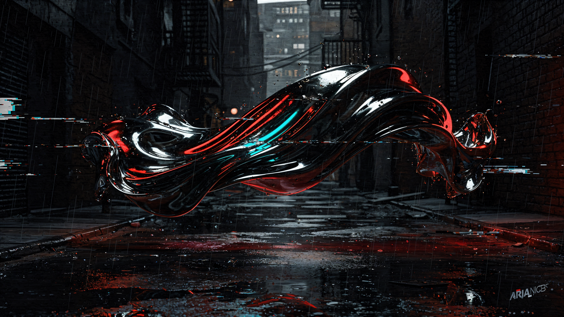4K Ultra HD PC desktop wallpaper of a glossy liquid metal ribbon with red and teal highlights floating over a rain‑slick urban alley, reflective puddles below.