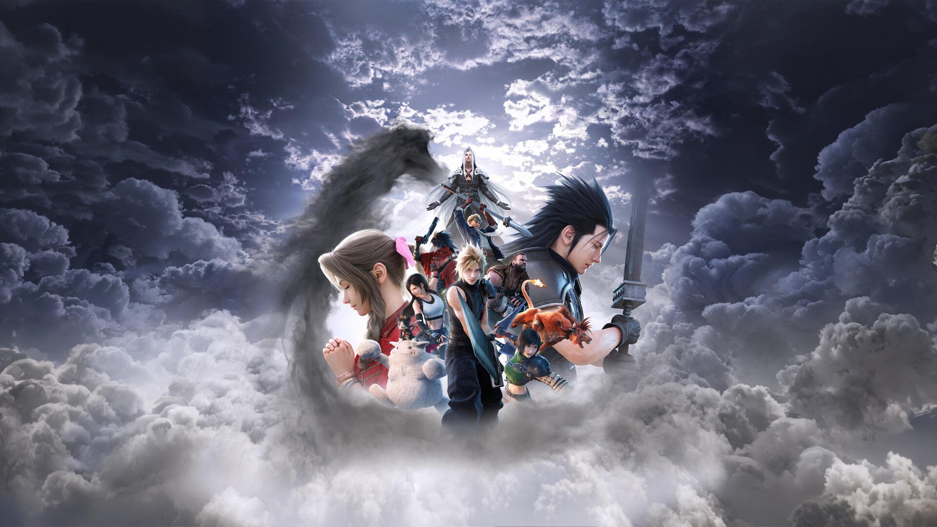 Final Fantasy 4K Ultra HD PC desktop wallpaper — Cloud, Tifa, Aerith, Sephiroth and allies rise from stormy clouds under a radiant moon.
