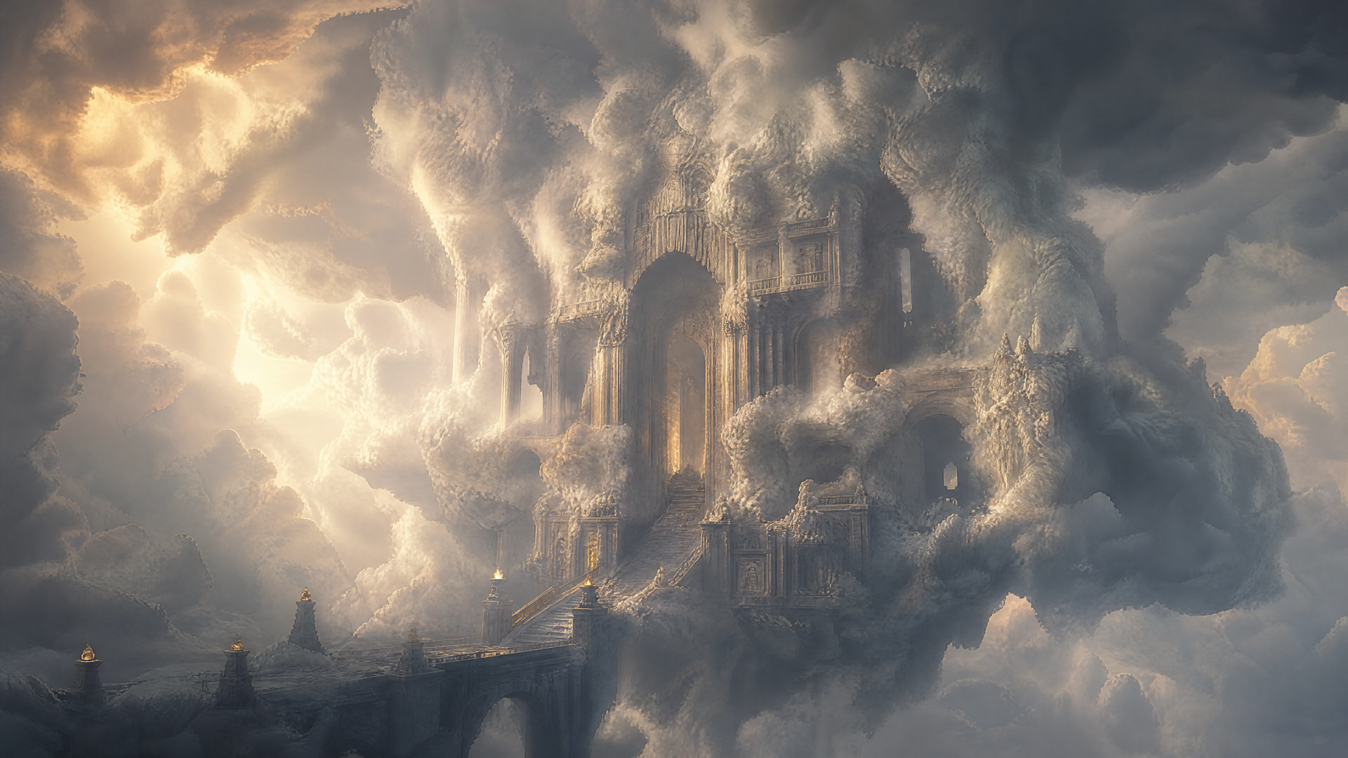 4K Ultra HD PC desktop wallpaper and background: a colossal dwarven hall carved into a cloud-wreathed mountain, glowing golden windows and stone bridges emerging from mist.