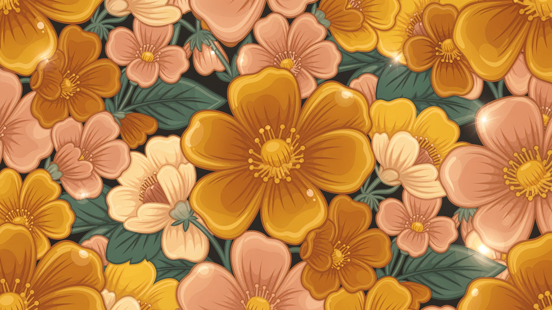 Retro floral 4K Ultra HD PC desktop wallpaper: dense golden and peach stylized blossoms and green foliage in a warm, vintage color palette.