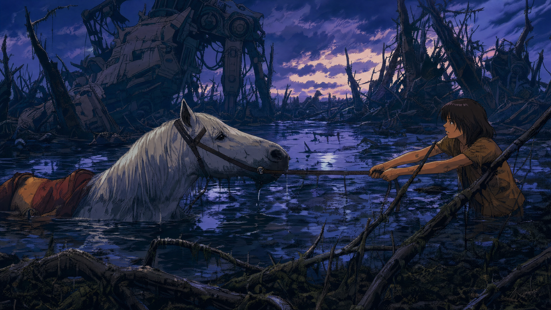 4K Ultra HD PC desktop wallpaper/background from The Neverending Story movie: Atreyu reaches for his sinking white horse in the misty Swamps of Sadness beneath a purple twilight sky.