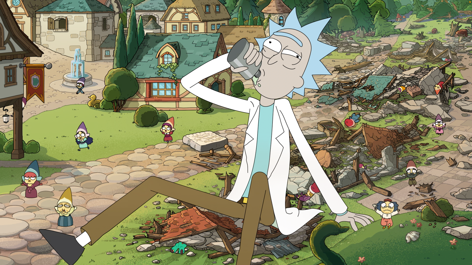 TV show Rick and Morty — season 9 HD PC desktop wallpaper: Rick drinking and lounging amid a ruined suburban yard strewn with garden gnomes, debris and overturned objects.