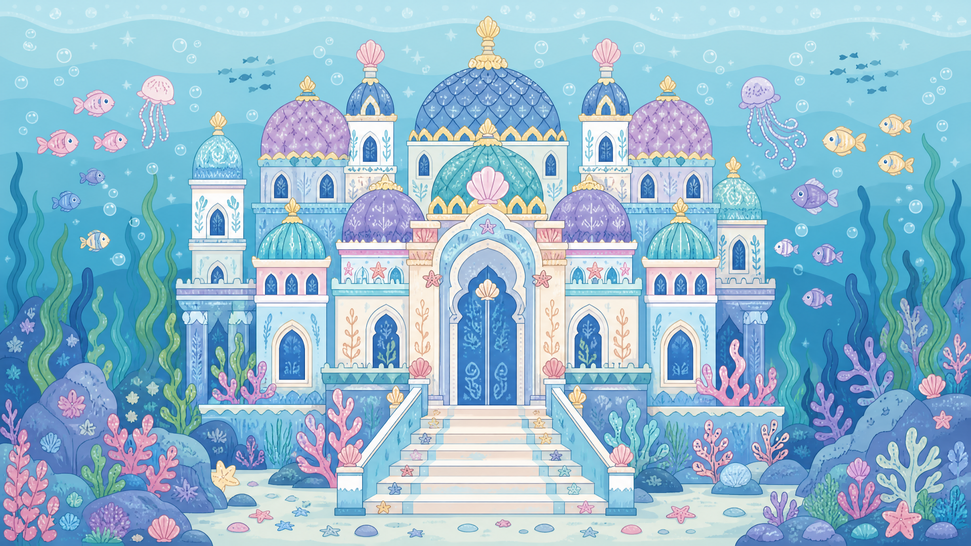 4K Ultra HD PC desktop wallpaper and background: ornate pastel underwater palace with domes, arched doorway and steps, surrounded by coral, seaweed, colorful fish and jellyfish.