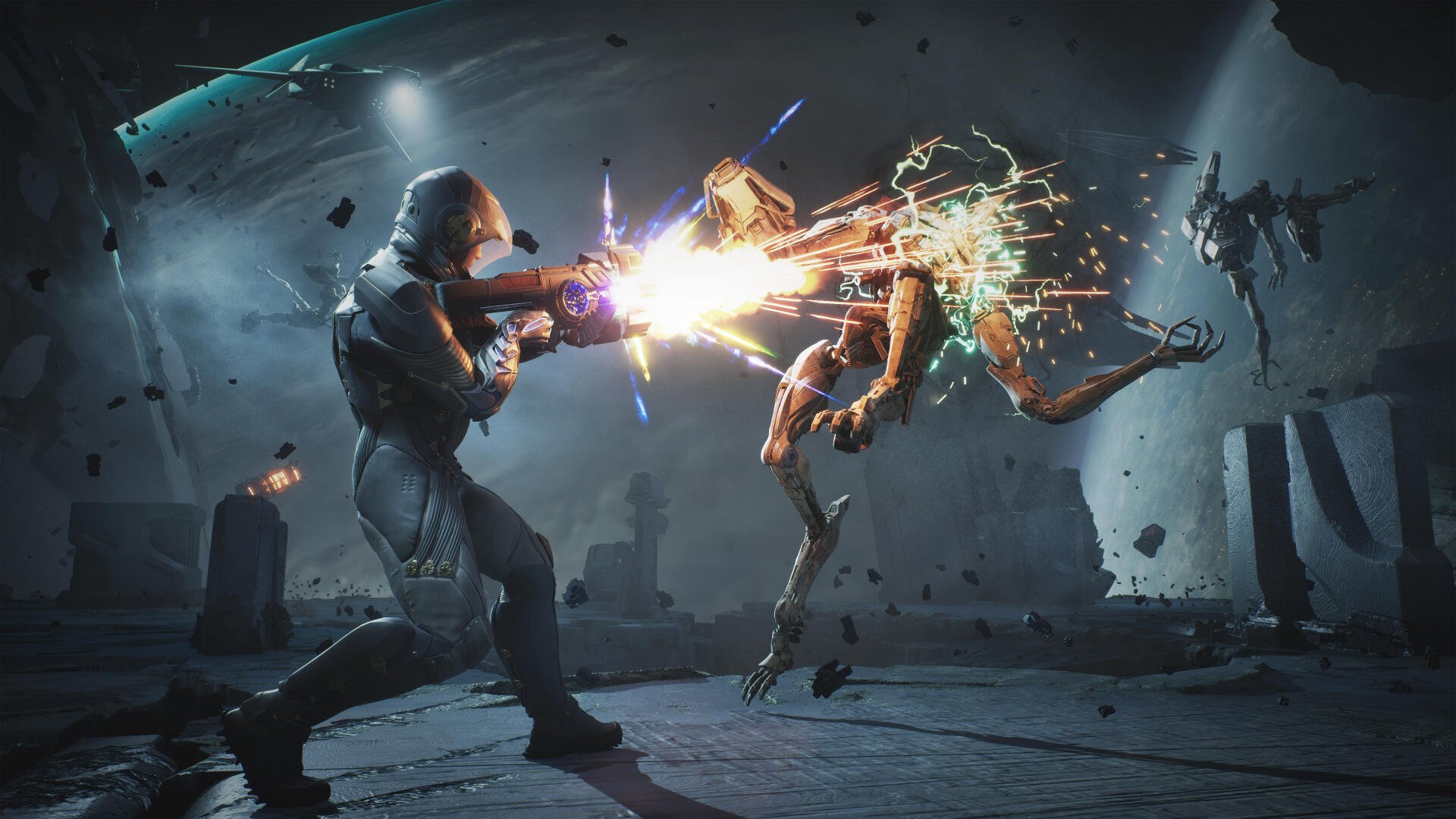 Video game Exodus (2027) 4K Ultra HD PC desktop wallpaper: armored soldier fires an energy weapon at a leaping robotic enemy in a dark, debris-strewn sci‑fi arena, sparks and electrical arcs.