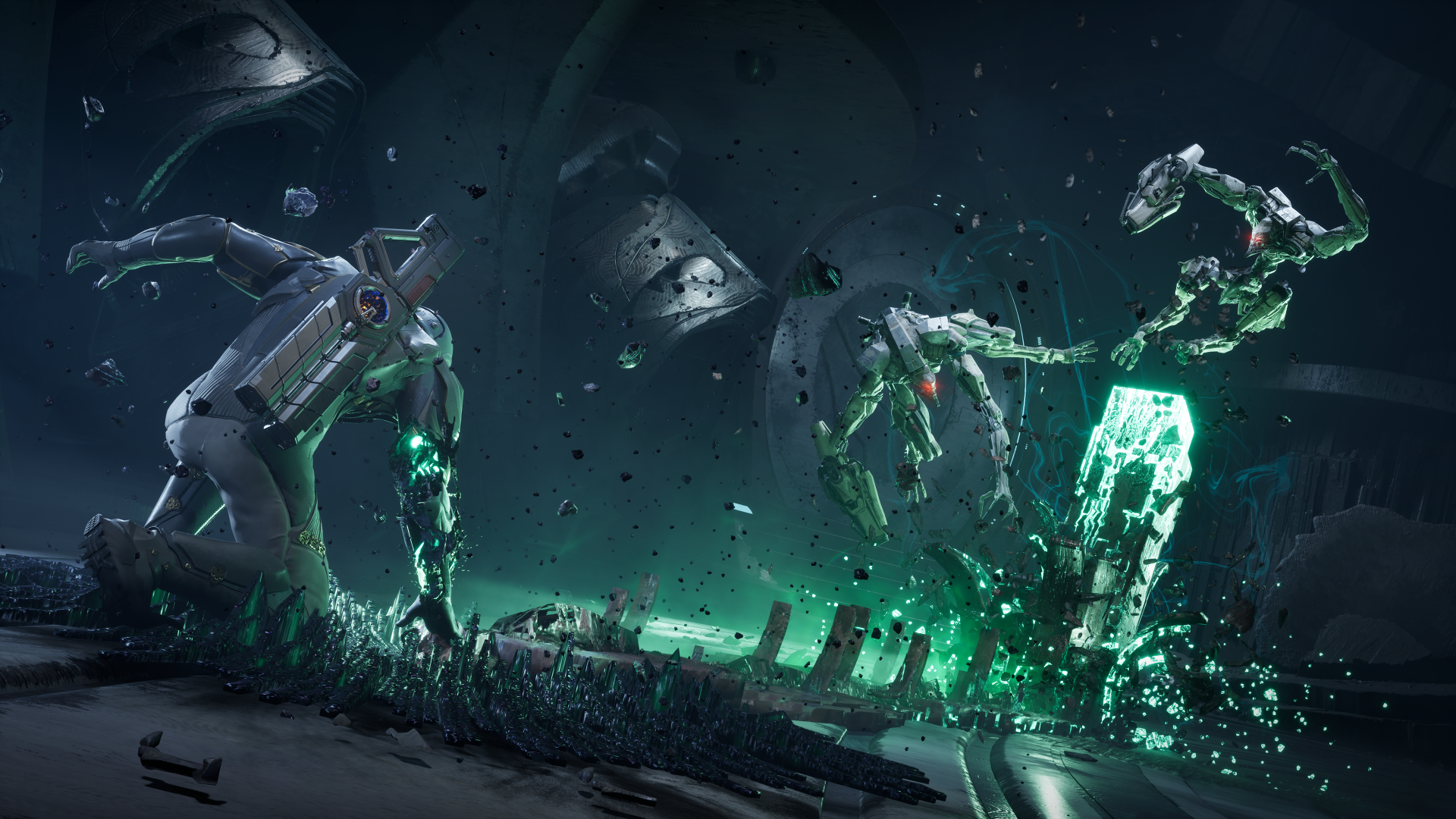 Exodus (2027 video game) 4K Ultra HD PC wallpaper — a ruined sci‑fi scene of broken robots and glowing green crystalline energy over scattered debris.