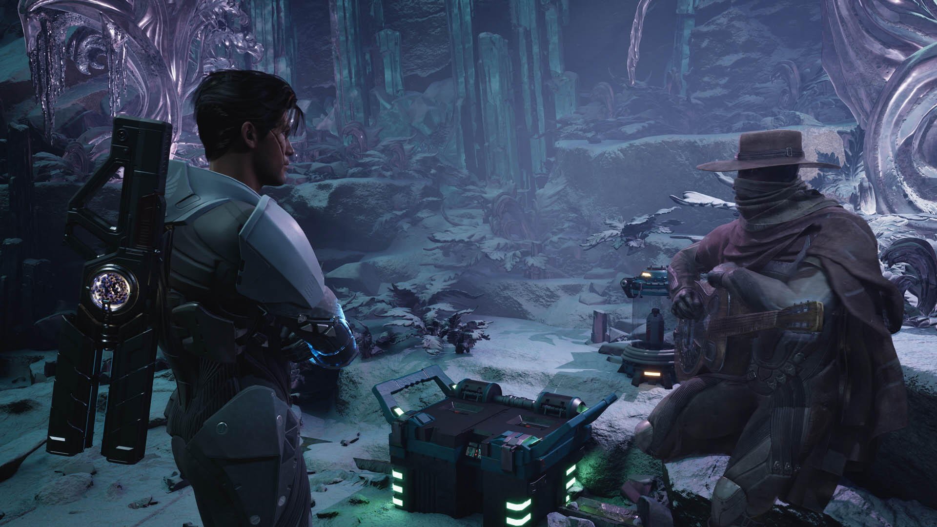 HD PC desktop wallpaper: Exodus (2027 video game) scene—armored soldier and cloaked figure in icy alien ruins with glowing supply crates and towering crystal pillars.