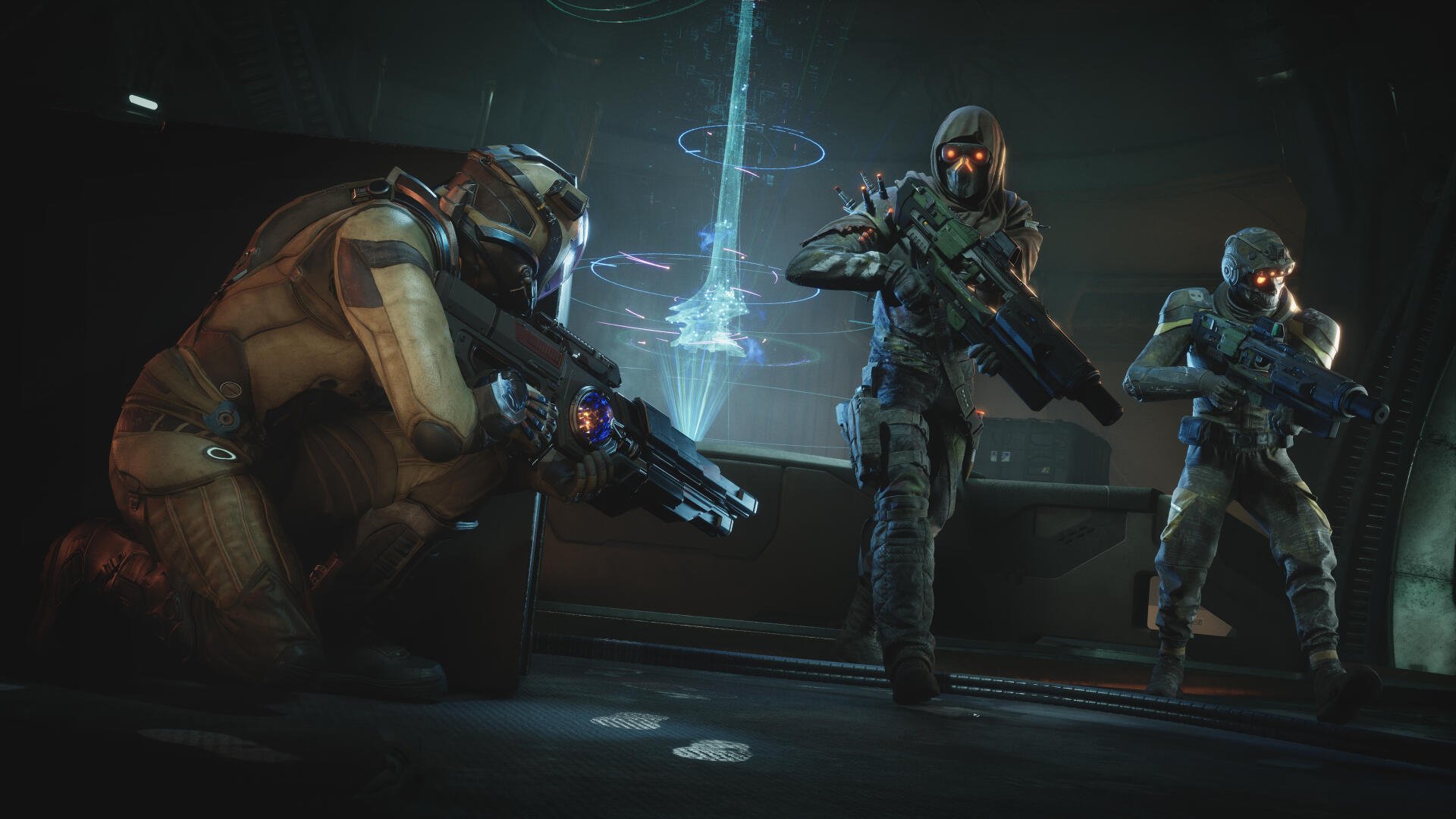 Three armored soldiers with glowing visors surround a holographic energy column in a dark sci-fi room — Exodus (2027 video game) 4K Ultra HD PC desktop wallpaper