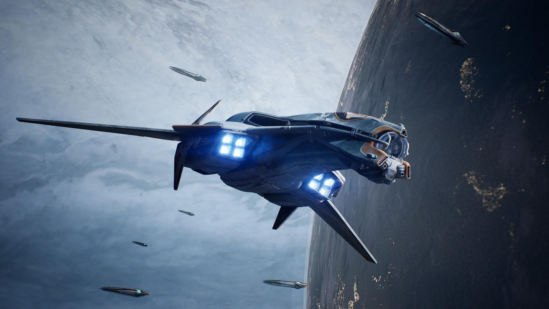 4K Ultra HD PC desktop wallpaper/background: sleek spaceship flies over a planet with escort frigates — art for the video game Exodus (2027).