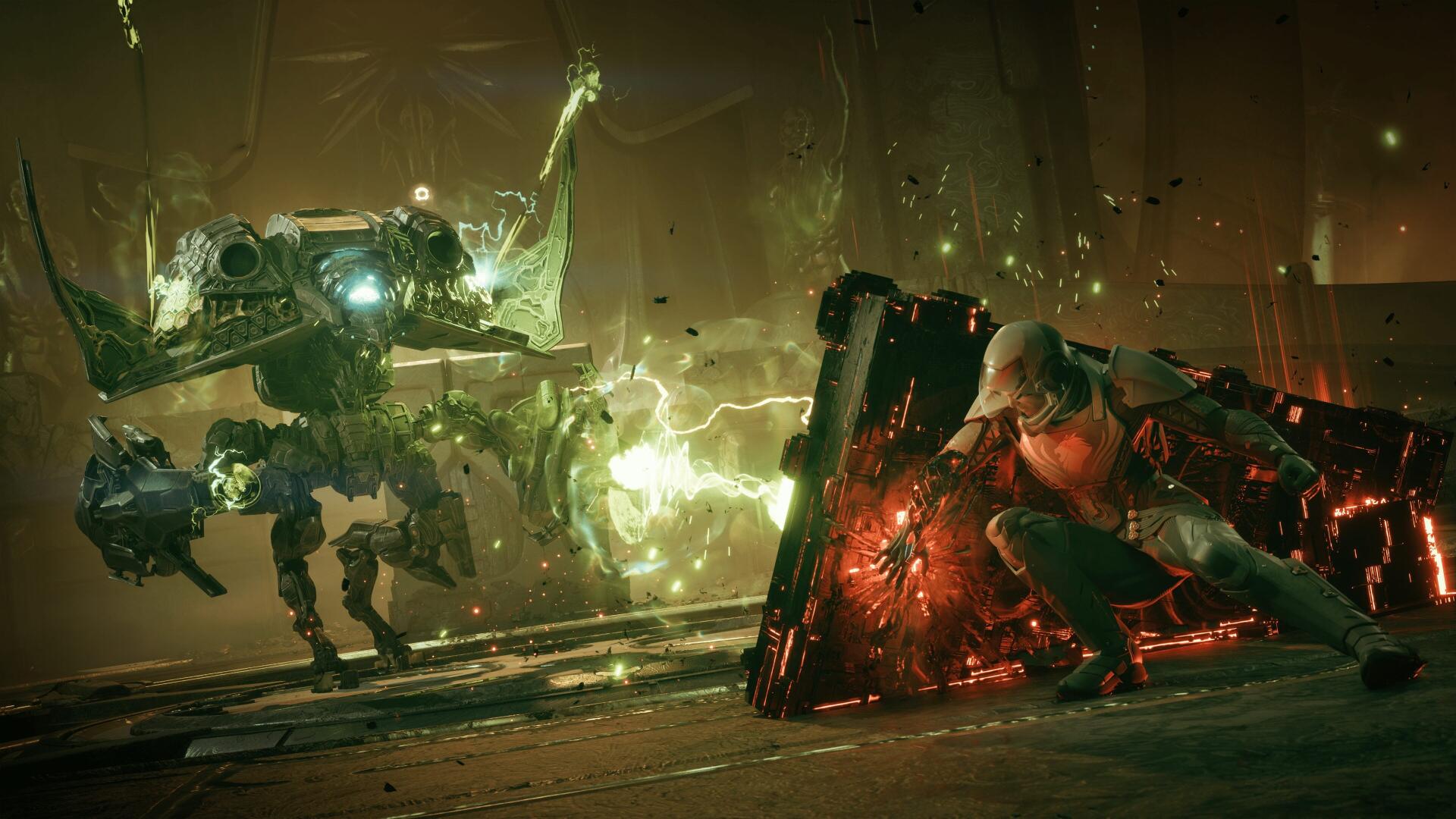 Exodus (2027 Video Game) 4K Ultra HD PC desktop wallpaper: a combatant with a glowing red energy shield battles a towering mech amid sparks, electrical arcs and ruined industrial debris.