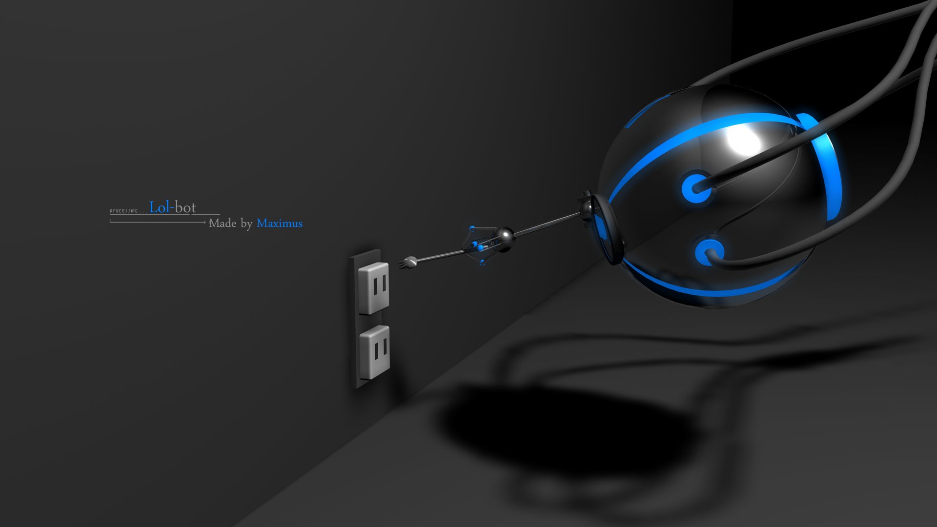 HD desktop wallpaper featuring an abstract robotic drone with glowing blue elements interacting with electrical outlets on a dark background.
