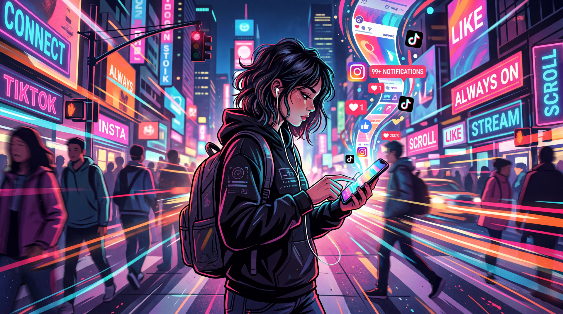 Neon cybercity 5K Ultra HD PC Desktop Wallpaper and Background: lone youth glued to phone amid blurred crowds and floating app icons, a vivid portrait of phone addiction.