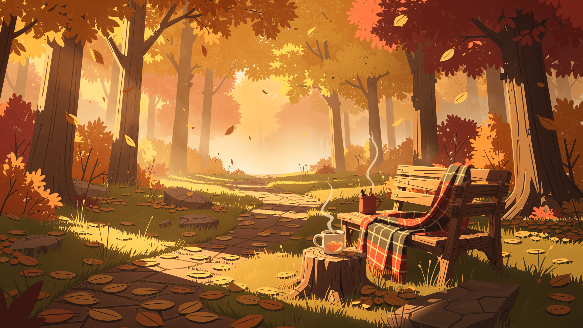 Cozy autumn 4K Ultra HD PC desktop wallpaper: sunlit forest path with golden trees, a bench draped in a plaid blanket, steaming mug on a stump and leaves drifting down.