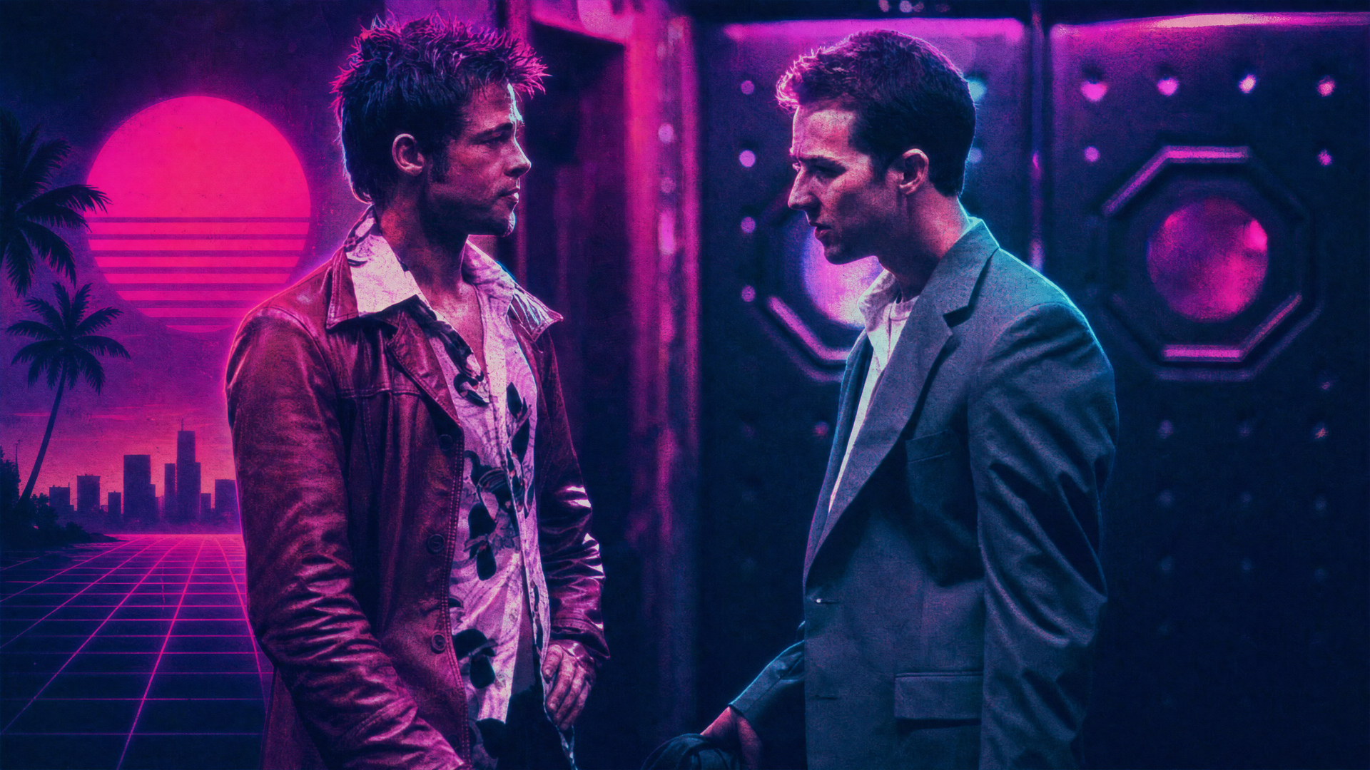 Fight Club 4K Ultra HD PC desktop wallpaper: two men confront each other in a neon-pink, retro-futuristic room, tense standoff with dramatic shadows.