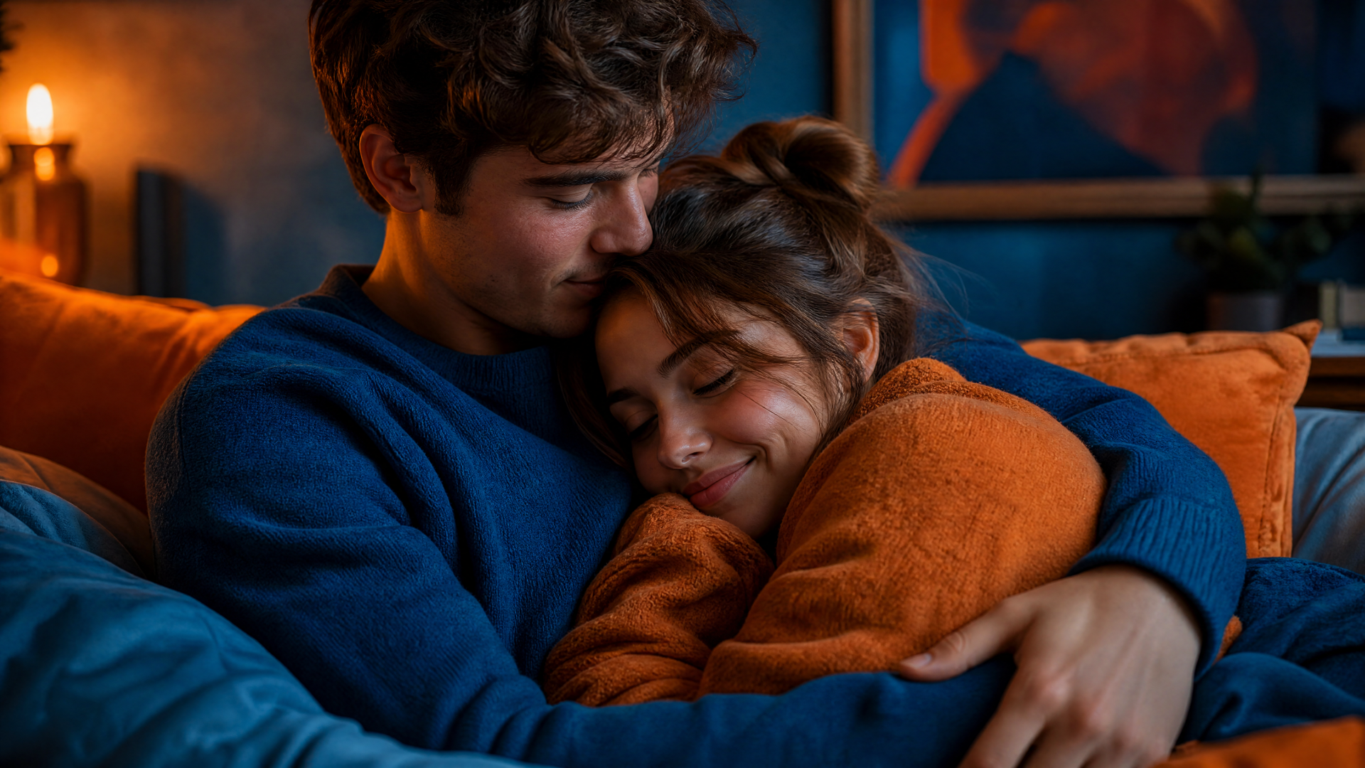 4K Ultra HD PC desktop wallpaper: warm, intimate cuddle of a couple on a couch, wrapped in cozy sweaters under soft ambient lighting.