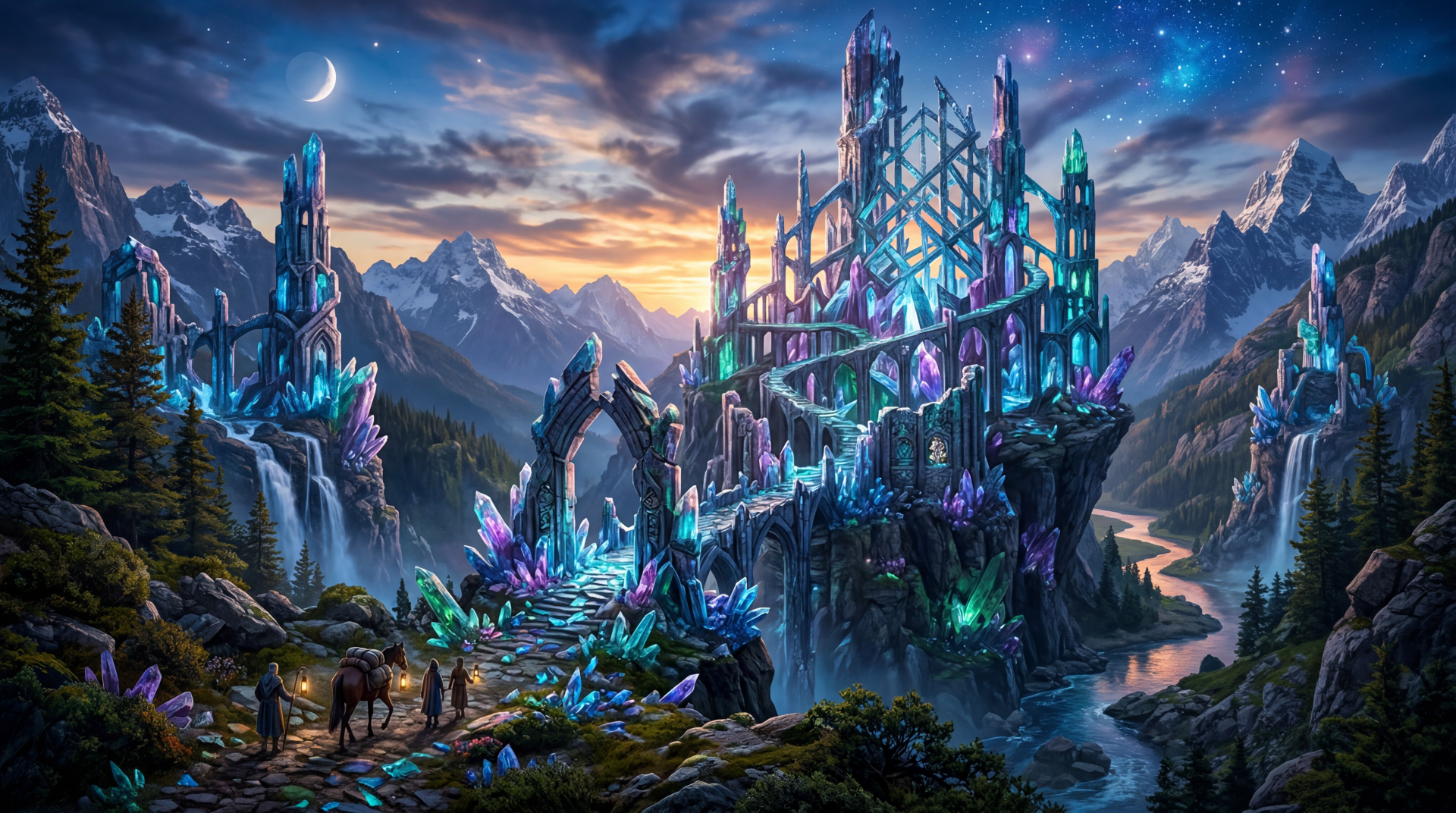 5K Ultra HD PC desktop wallpaper: glowing crystal-studded fantasy ruins on a mountain lake, arched bridges and spires under a starry twilight sky.