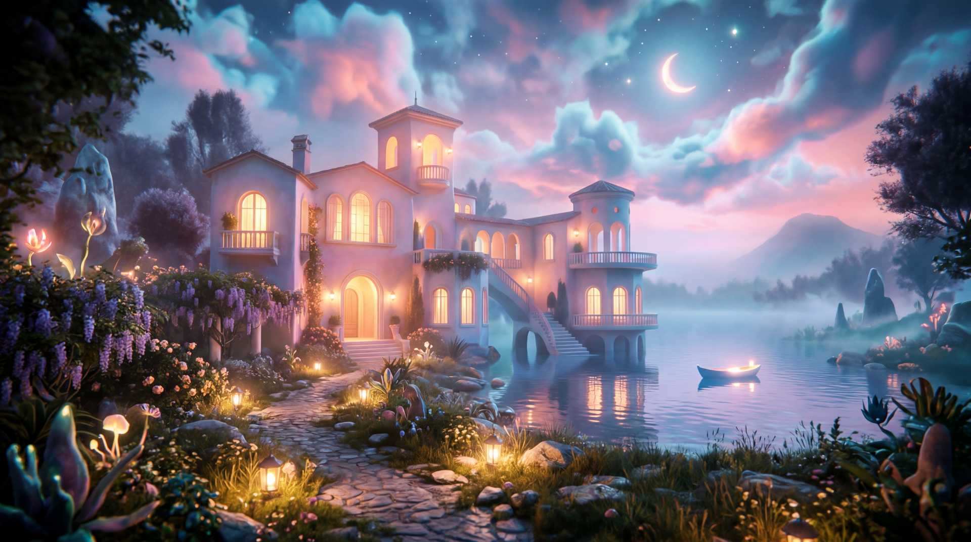 Villa at moonlit lakeside with glowing windows, lanterns, flowers and a small boat under dreamy clouds, 5K Ultra HD PC Desktop Wallpaper and Background