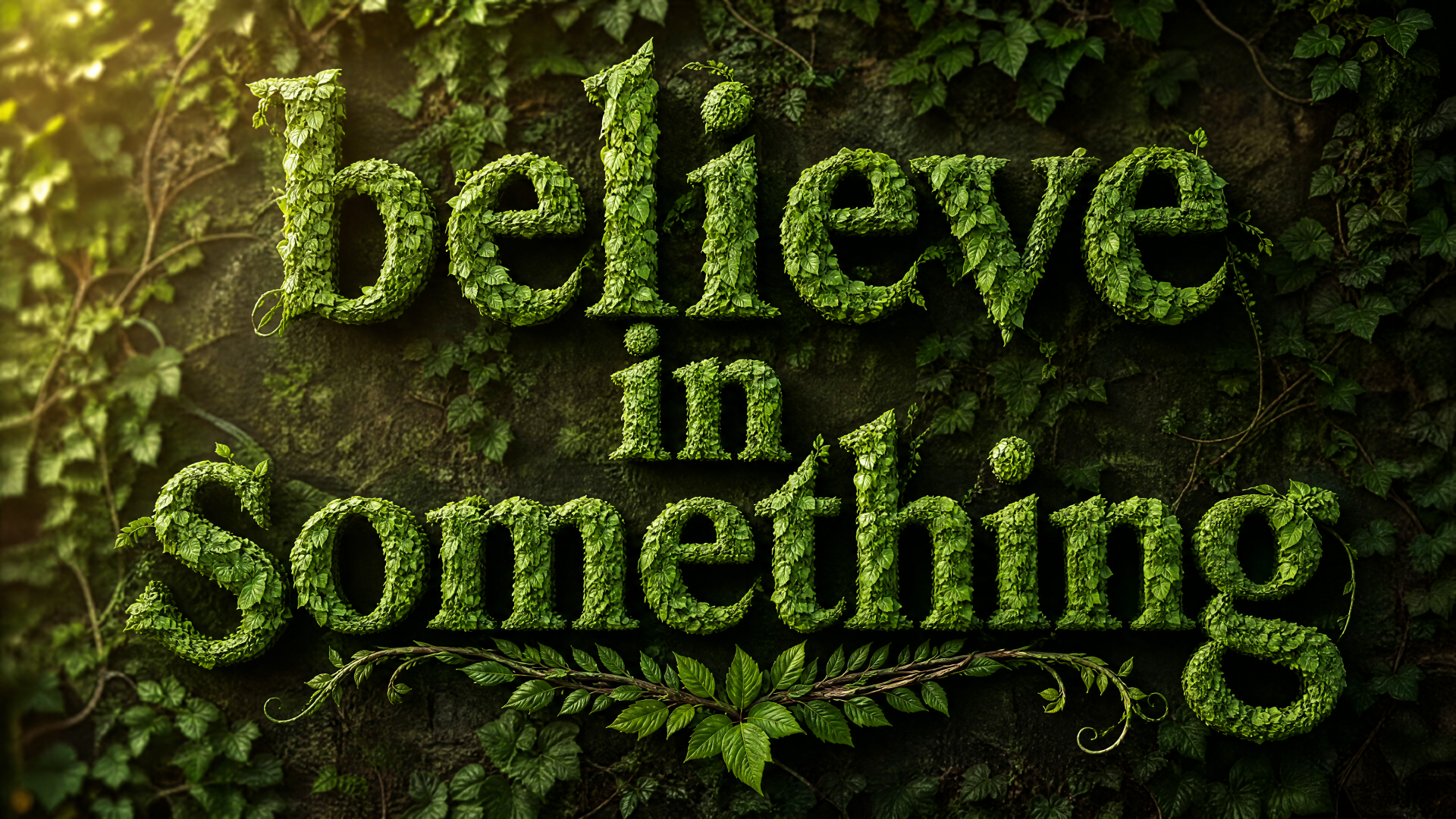4K Ultra HD PC desktop wallpaper and background: believe in something spelled in mossy, leafy letters on an ivy-covered wall bathed in warm sunlight.