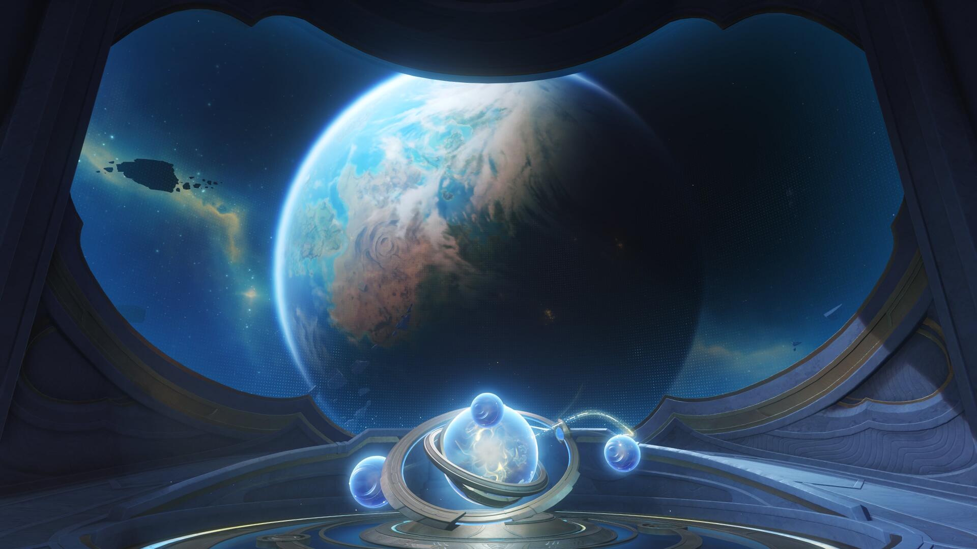 4K Ultra HD PC desktop wallpaper/background from the video game Genshin Impact (Luna VIII): view through a ship window of a glowing planet, orbiting moons and a futuristic console.