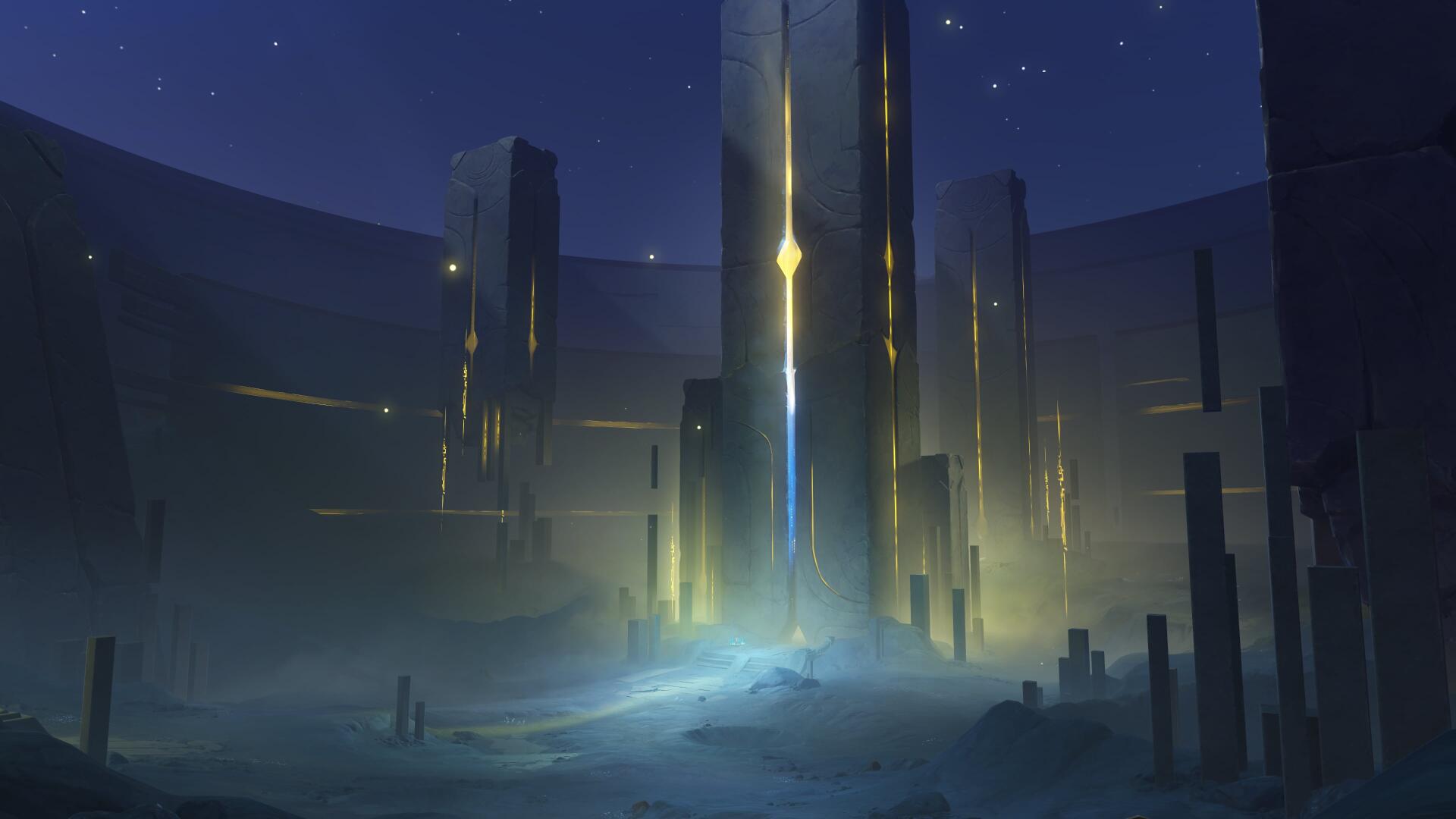 4K Ultra HD PC wallpaper of Genshin Impact Luna VIII: a glowing monolith rising from mist in a starlit, futuristic fantasy canyon.