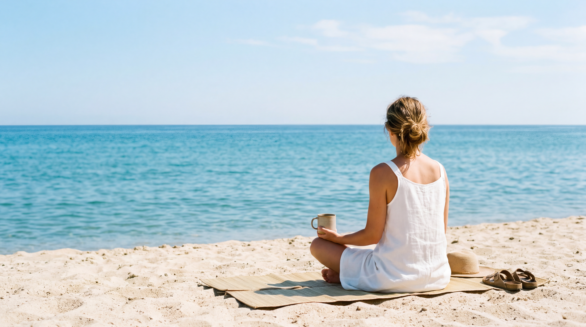Minimalist summer 5K Ultra HD PC desktop wallpaper: person in white dress sits on sandy beach, holding a mug and gazing at calm turquoise sea under a pale blue sky.