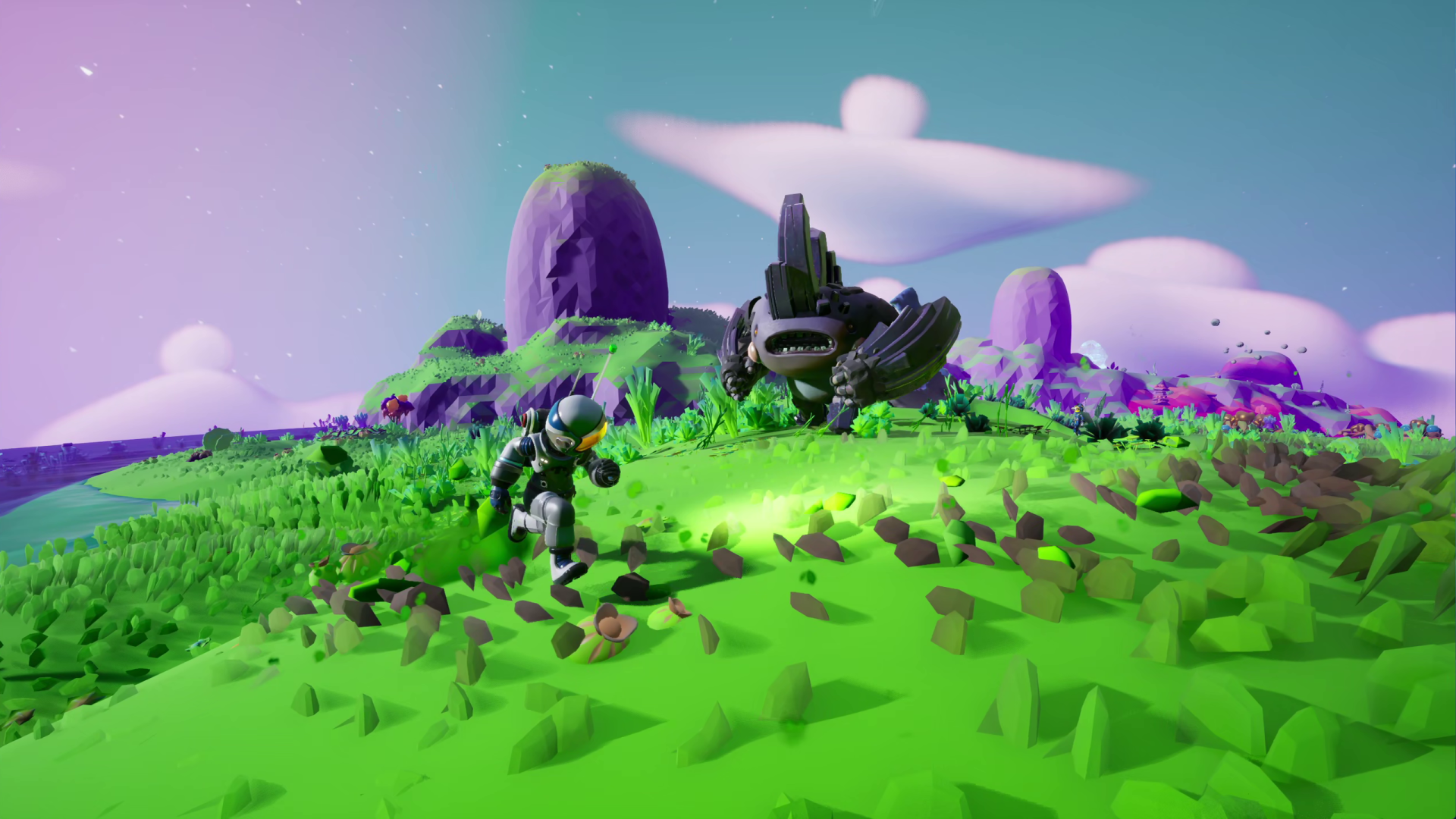 Starseeker: Astroneer Expeditions video game 2K Quad HD PC desktop wallpaper — astronaut on a vibrant alien plain with purple rock spires and a mysterious ruined structure beneath a teal sky.