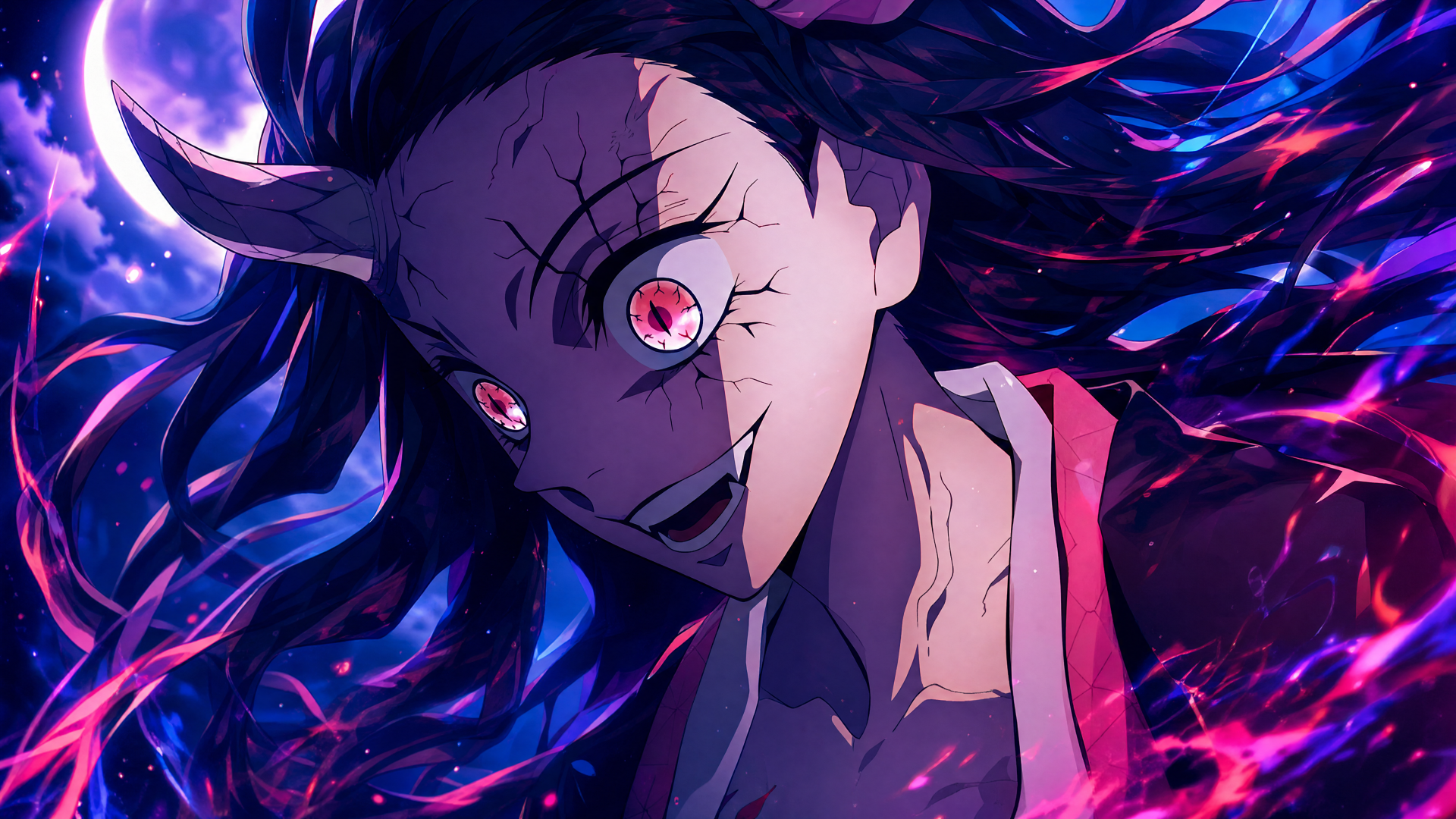Nezuko Kamado close-up in demon form, glowing pink eyes, cracked markings and flowing hair amid swirling purple-blue energy — 4K Ultra HD PC desktop wallpaper/background.