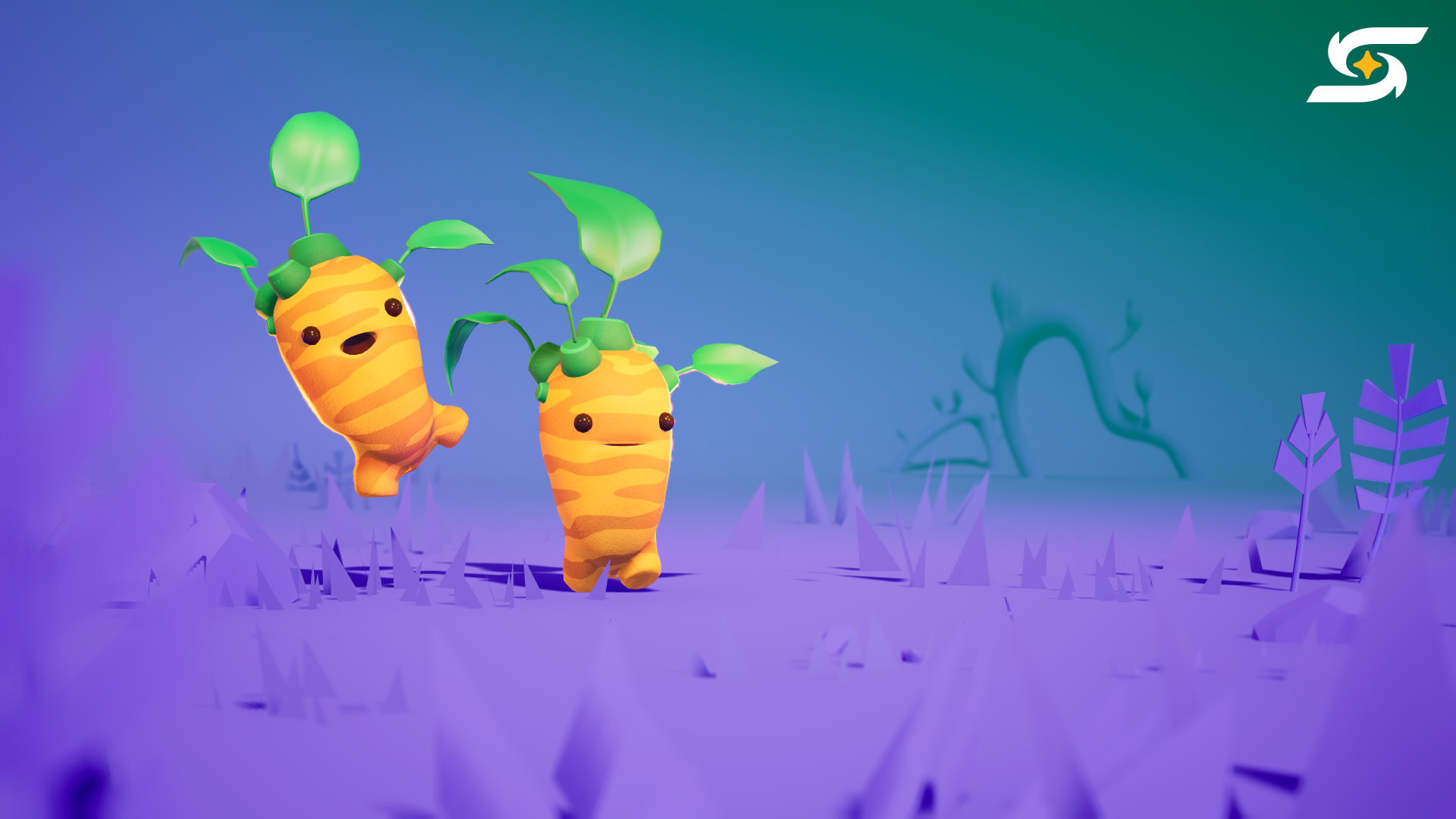 4K Ultra HD PC desktop wallpaper from the video game Starseeker: Astroneer Expeditions — two carrot-like plant creatures with leaf crowns on a purple alien plain beneath a teal sky.