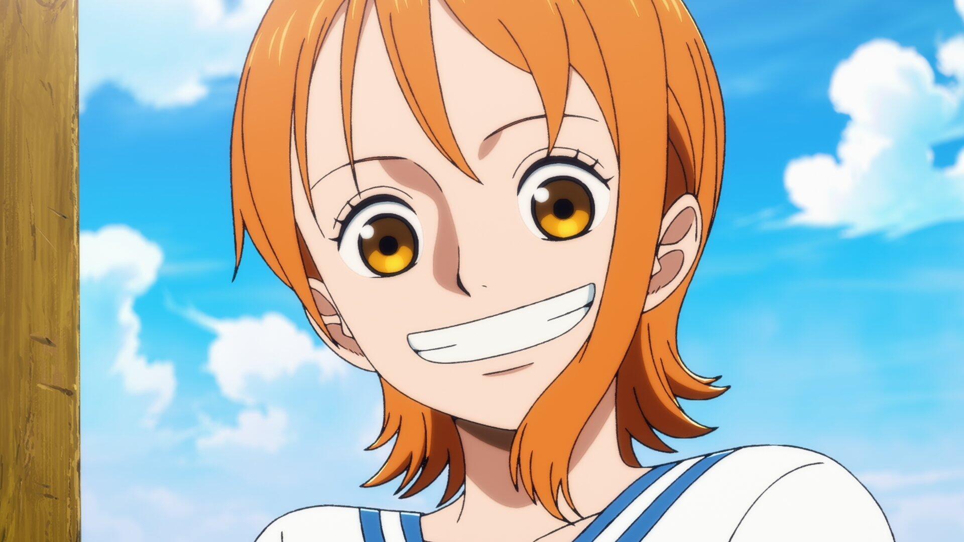 HD PC desktop wallpaper: anime close-up of Nami from One Piece smiling under a bright blue sky, orange hair, golden eyes, and sailor-style outfit.