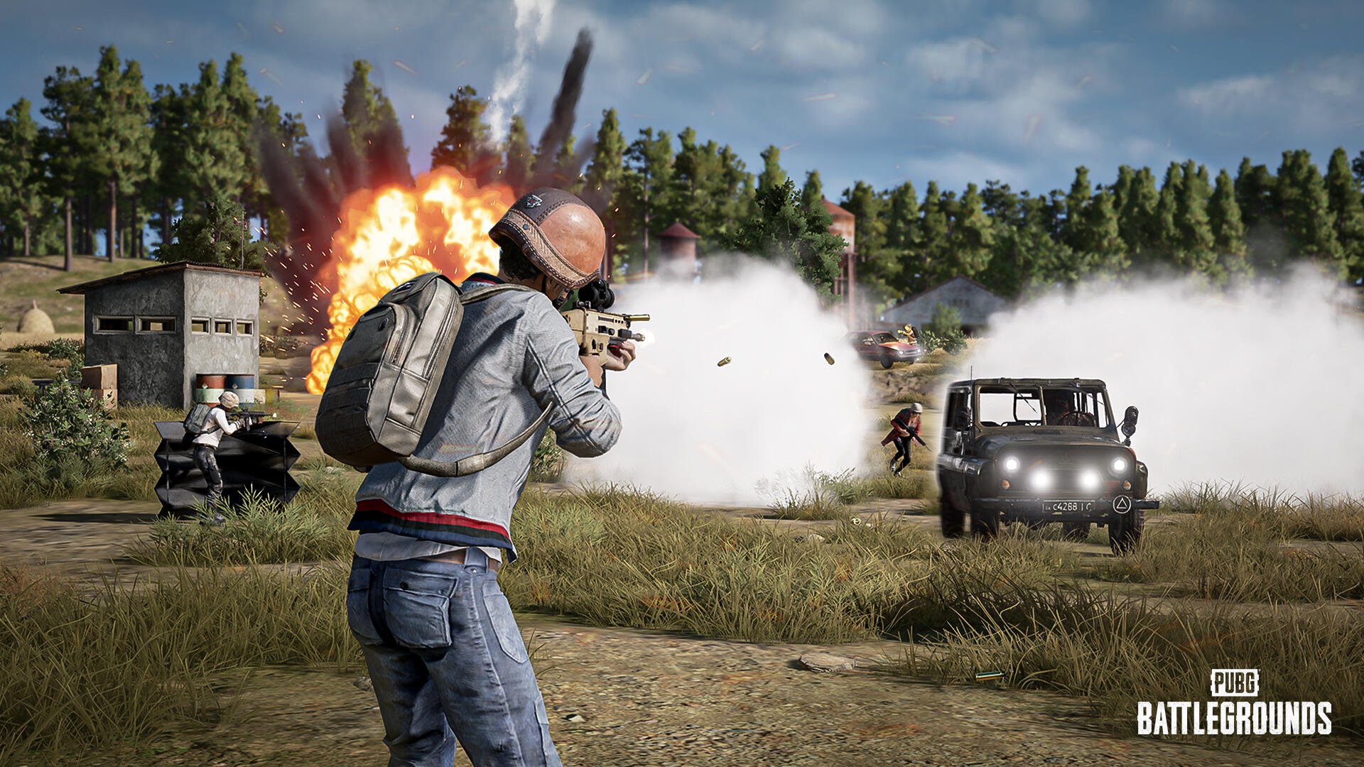 HD PC desktop wallpaper (video game) - PlayerUnknown's Battlegrounds: armed player firing amid explosion, smoke and vehicles in an open field.