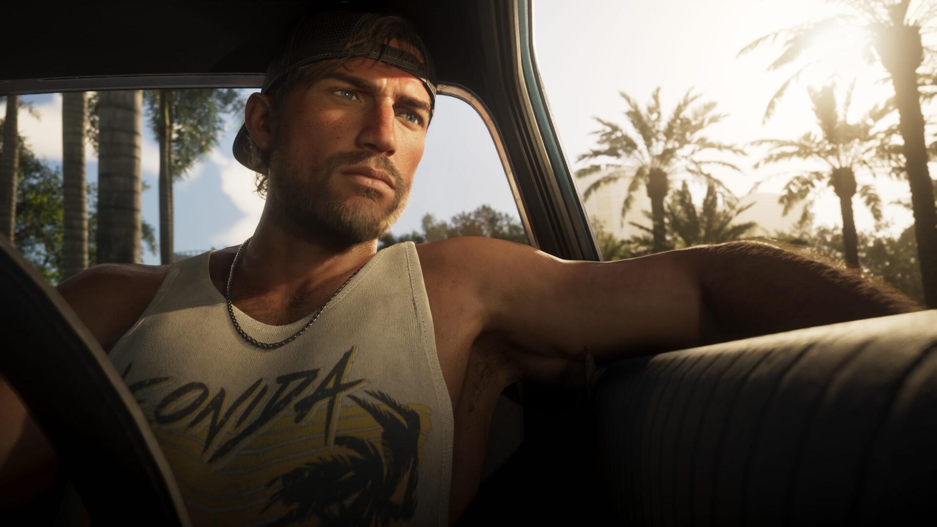 Video game scene: Jason Duval from Grand Theft Auto VI lounges in a car at sunset with palm trees outside — 4K Ultra HD PC desktop wallpaper/background.