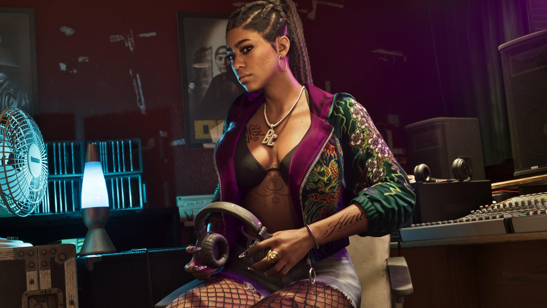 4K Ultra HD PC wallpaper: video game Grand Theft Auto VI character Real Dimez — a bold woman in a recording studio, holding headphones amid neon-lit gear.