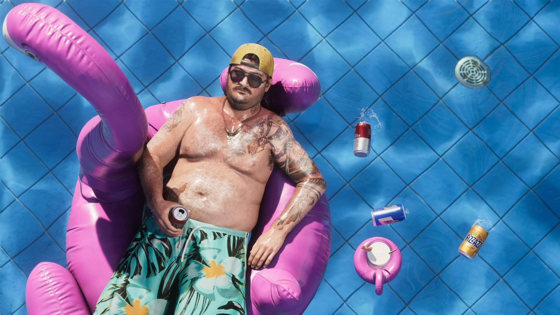 Video game-style Grand Theft Auto VI 4K PC wallpaper: shirtless man in sunglasses on a pink pool float amid beer cans and blue tiles, evoking a Cal Hampton / GTA vibe.