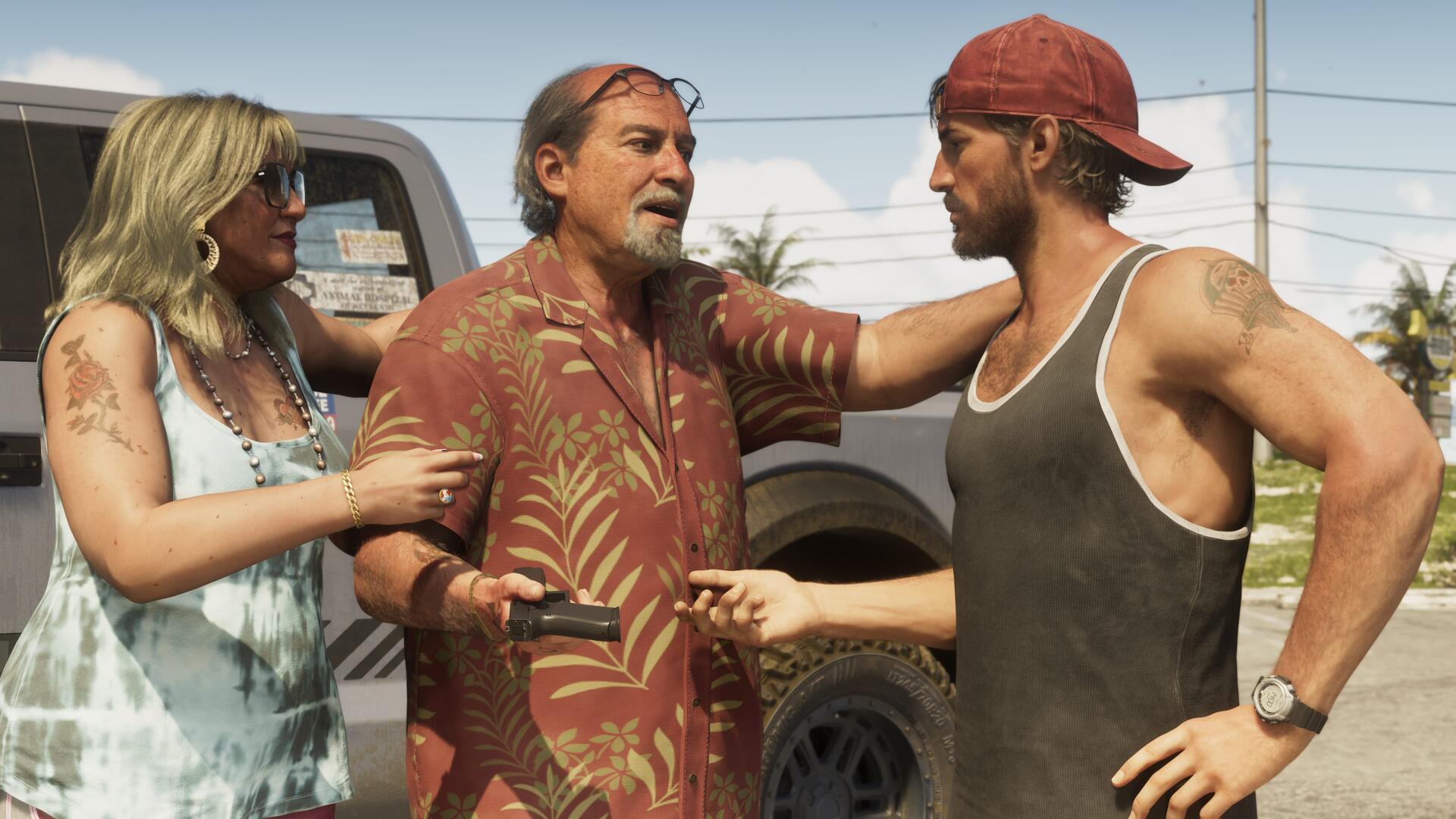 4K PC wallpaper (Grand Theft Auto VI): three characters argue by a pickup—Hawaiian‑shirted man gestures between a woman and a sleeveless, backward‑cap man. By Brian Heder.