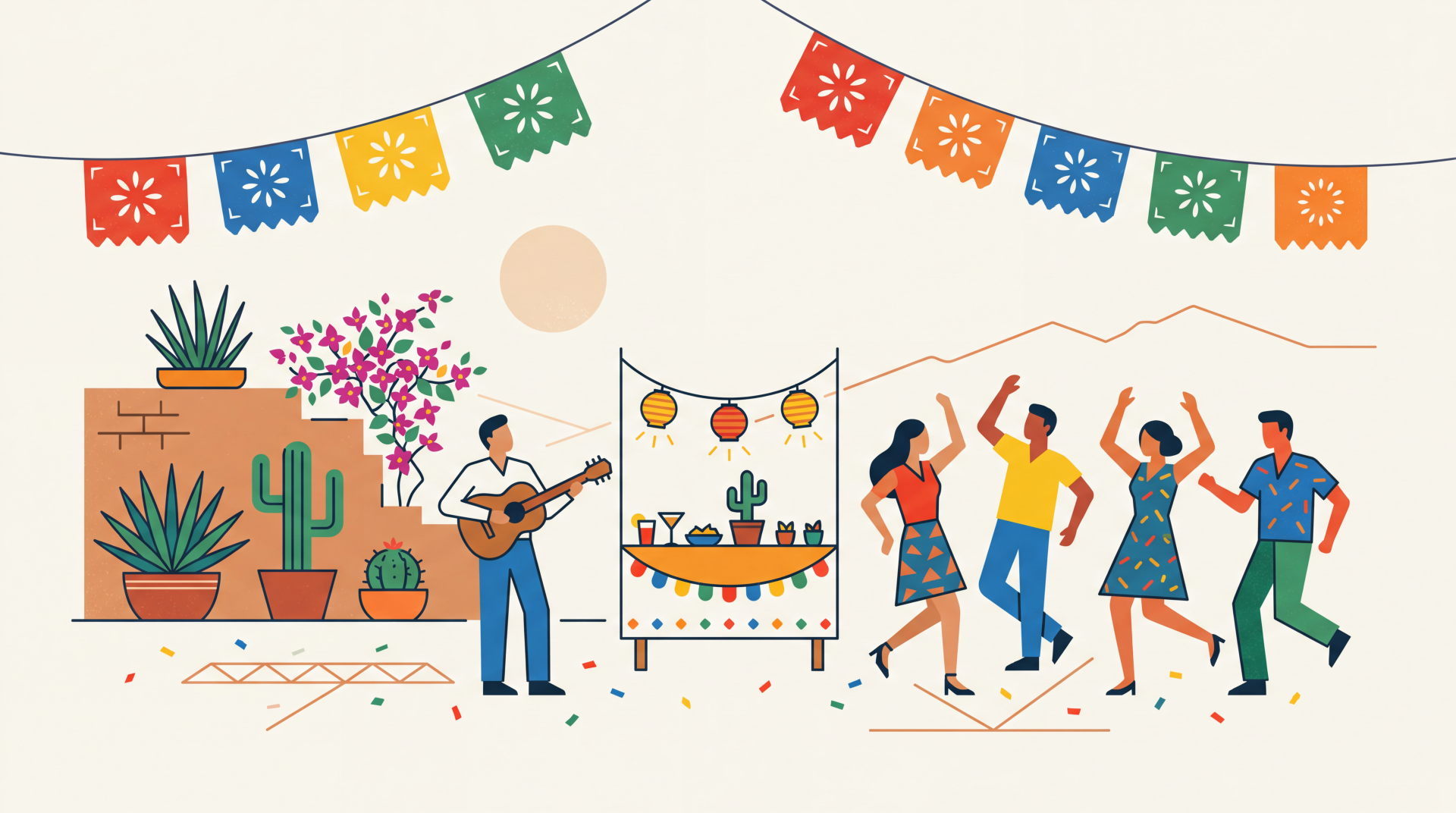 Fiesta scene 5K Ultra HD PC desktop wallpaper: colorful papel picado banners, guitarist, dancing couple, cacti and planters, a festive food stall and string lights.