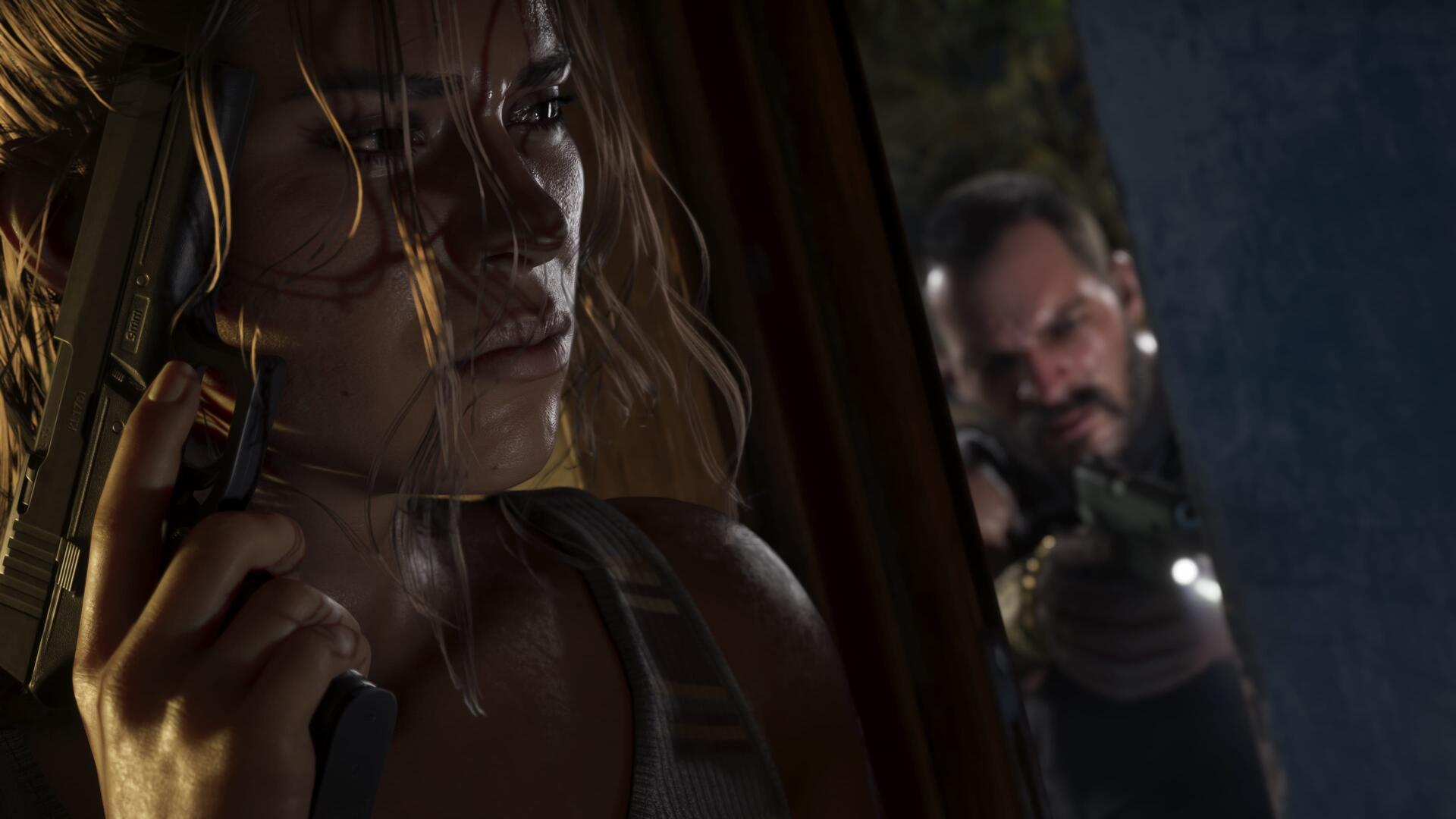4K Ultra HD PC wallpaper of Lucia Caminos from the video game Grand Theft Auto VI: shadowed close-up of her in a car holding a phone while a gunman aims at her through the window.