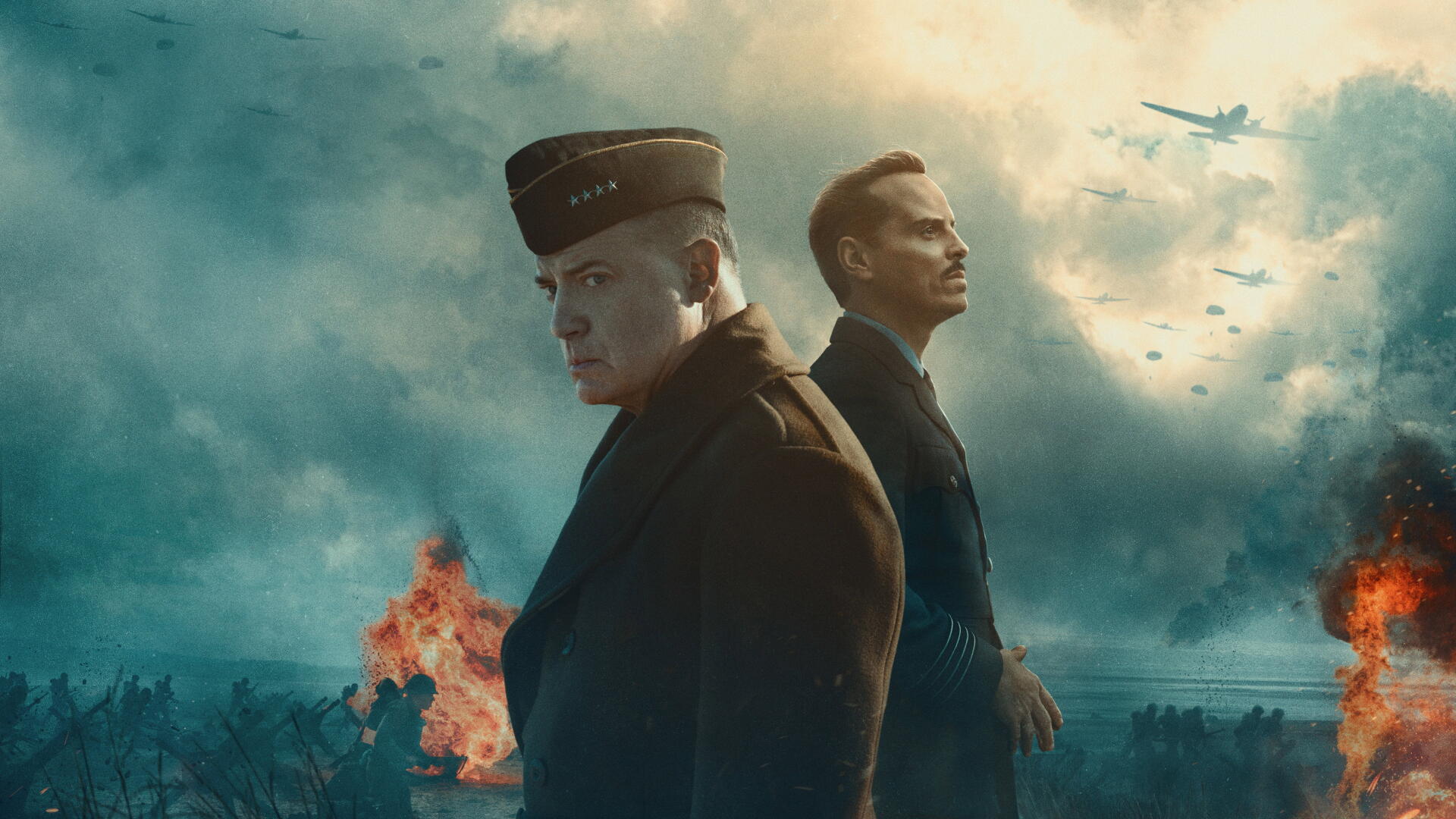 Pressure — 4K Ultra HD PC desktop wallpaper of two figures standing back-to-back in military-style dress under a stormy sky, aircraft above and fiery explosions on the distant horizon.