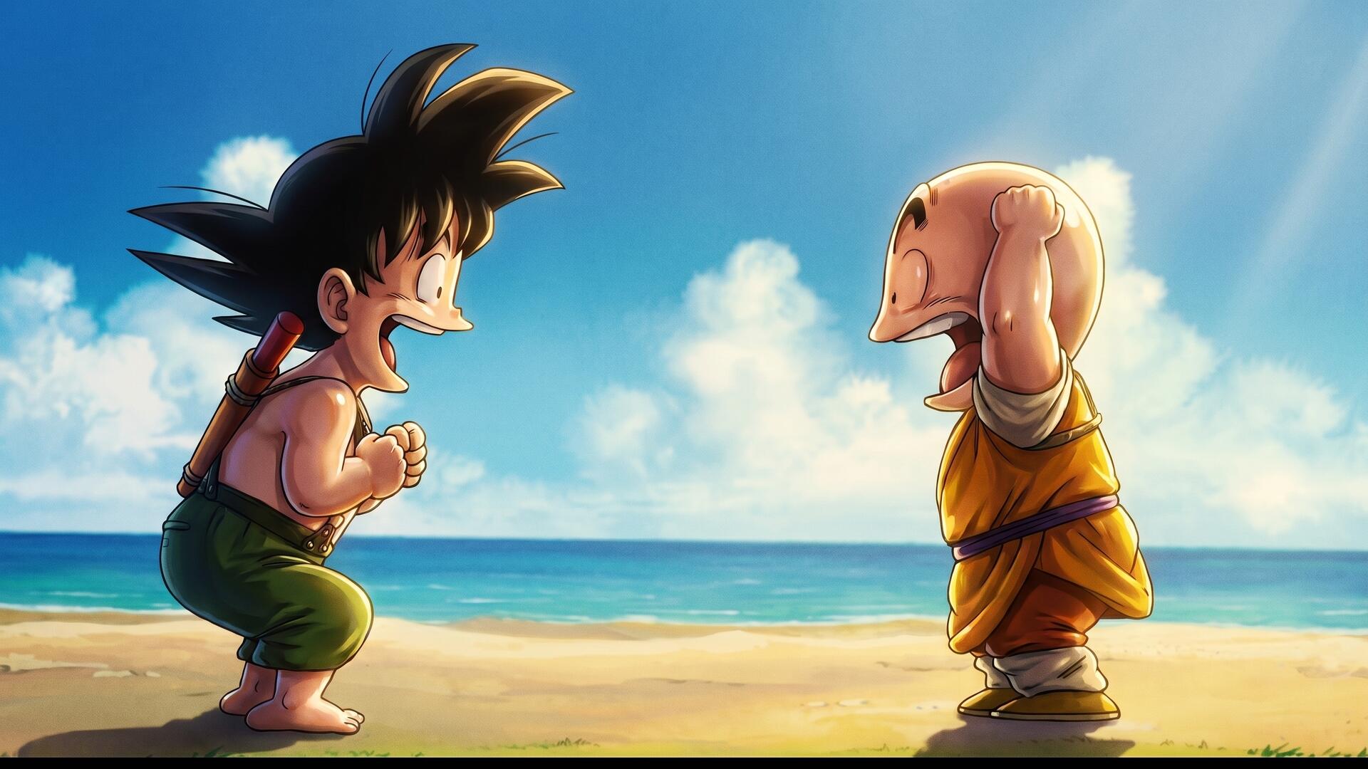 HD PC desktop wallpaper: Dragon Ball anime of kid Goku and Krillin smiling and facing each other on a sunlit beach with blue sky and ocean in the background.