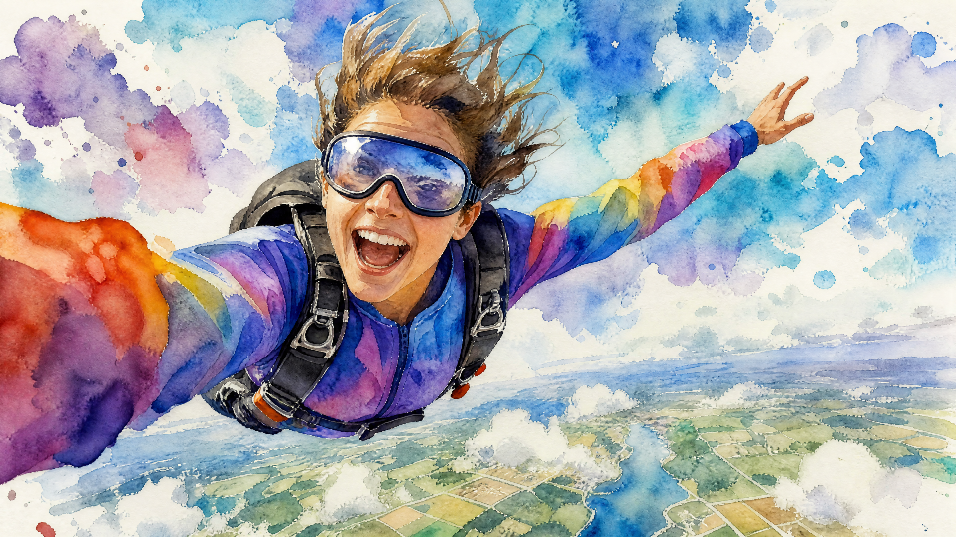 Colorful watercolor-style 4K Ultra HD PC desktop wallpaper/background of a joyful skydiver in goggles and rainbow suit, arms wide over patchwork fields and a vivid blue sky.