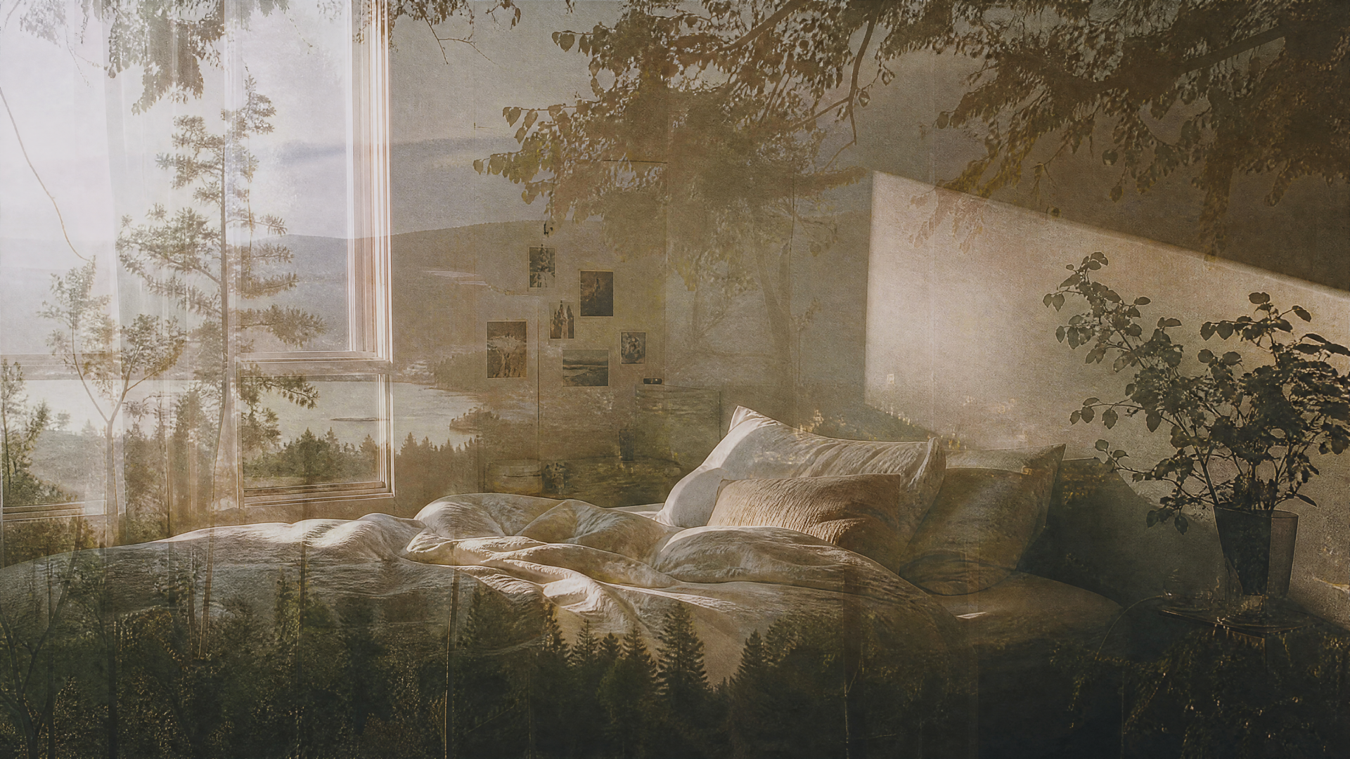 4K Ultra HD PC desktop wallpaper and background: sunlit cozy bedroom with rumpled bed, soft pillows and translucent trees overlay creating a dreamy double-exposure atmosphere.