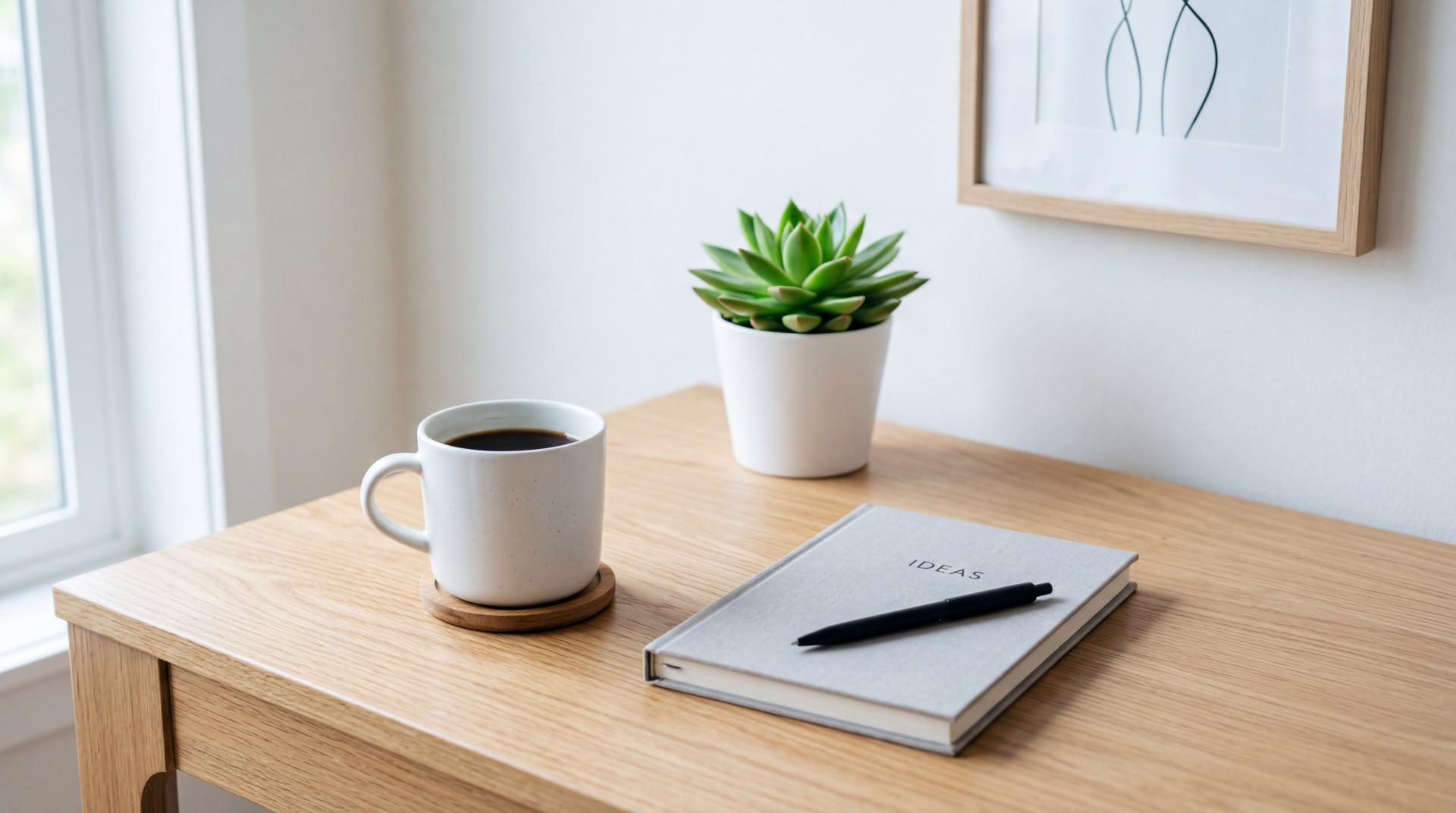 Clean 5K Ultra HD PC desktop wallpaper and background: minimalist wooden desk with coffee mug, potted succulent, notebook and pen by a sunlit window and framed line art.
