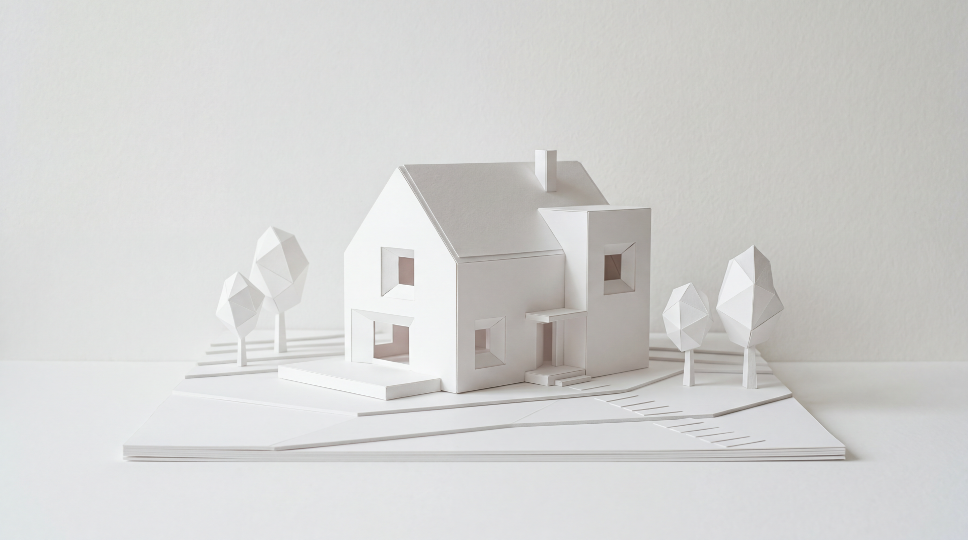 Clean minimalist 5K Ultra HD PC desktop wallpaper: white paper-model house and stylized trees on a soft white background.